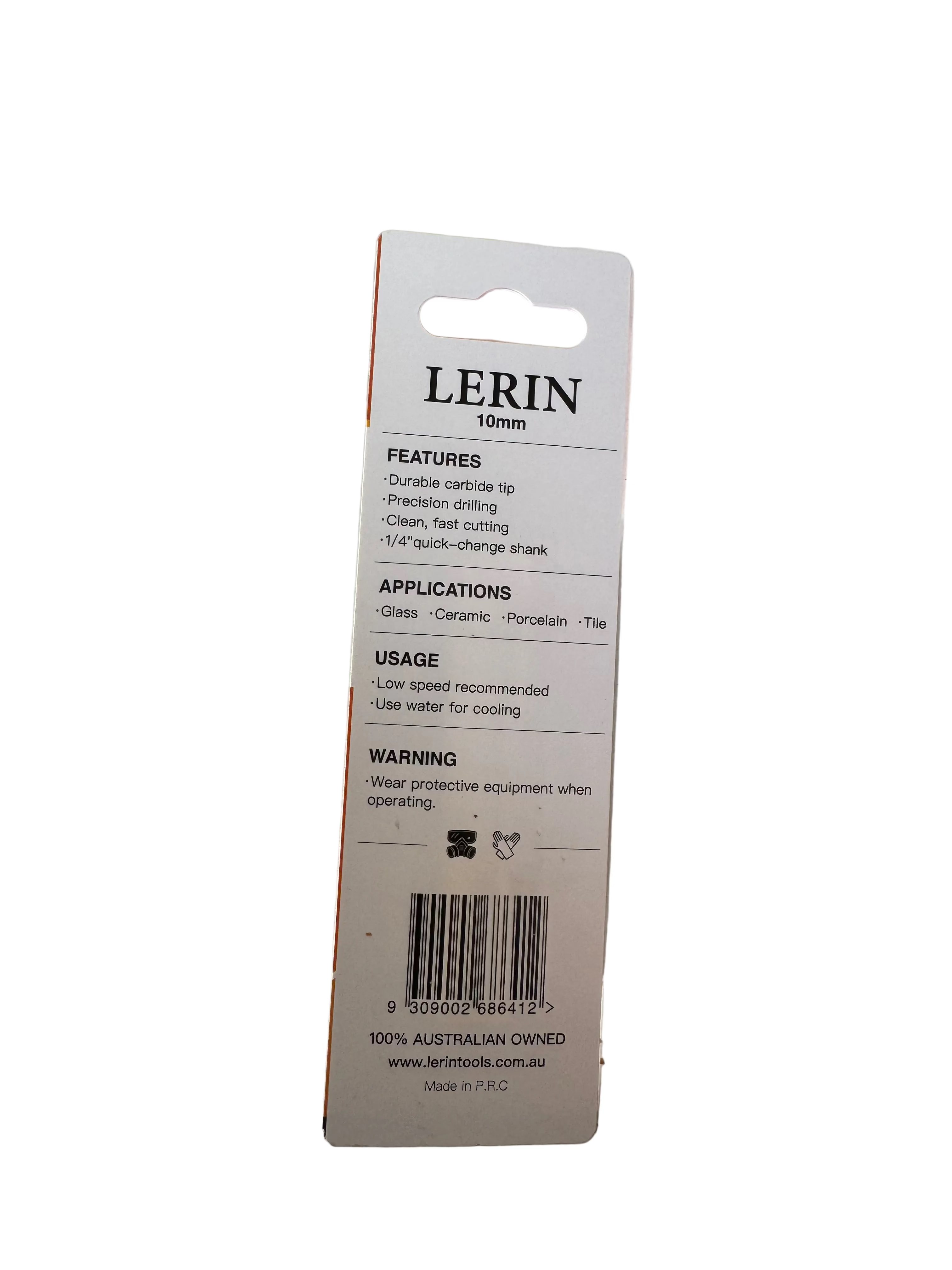 A LERIN 10mm carded package for a cutting tip, photographed on a light-colored workbench surface with some surrounding clutter visible.
