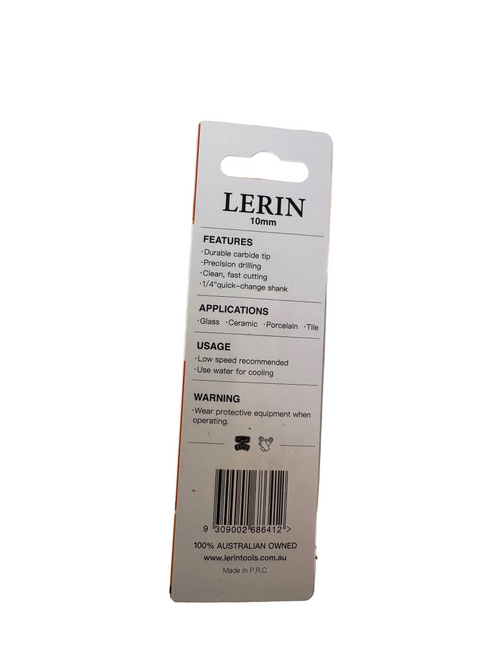 A LERIN 10mm carded package for a cutting tip, photographed on a light-colored workbench surface with some surrounding clutter visible.