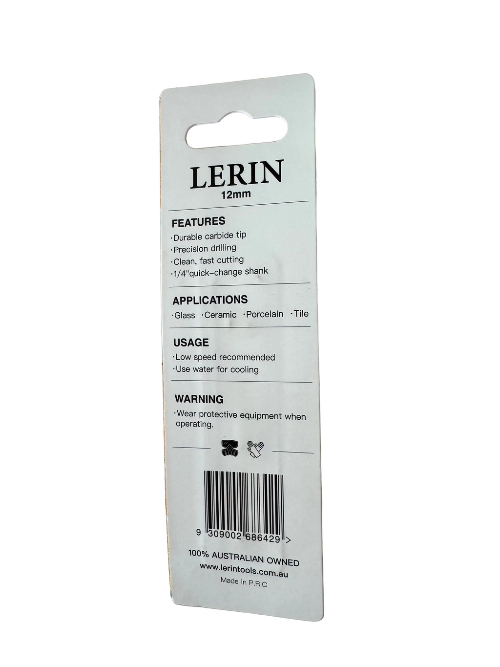 A white plastic retail hang card for a LERIN 12mm drill bit, showing product features, applications, usage, and a barcode on a gray surface.