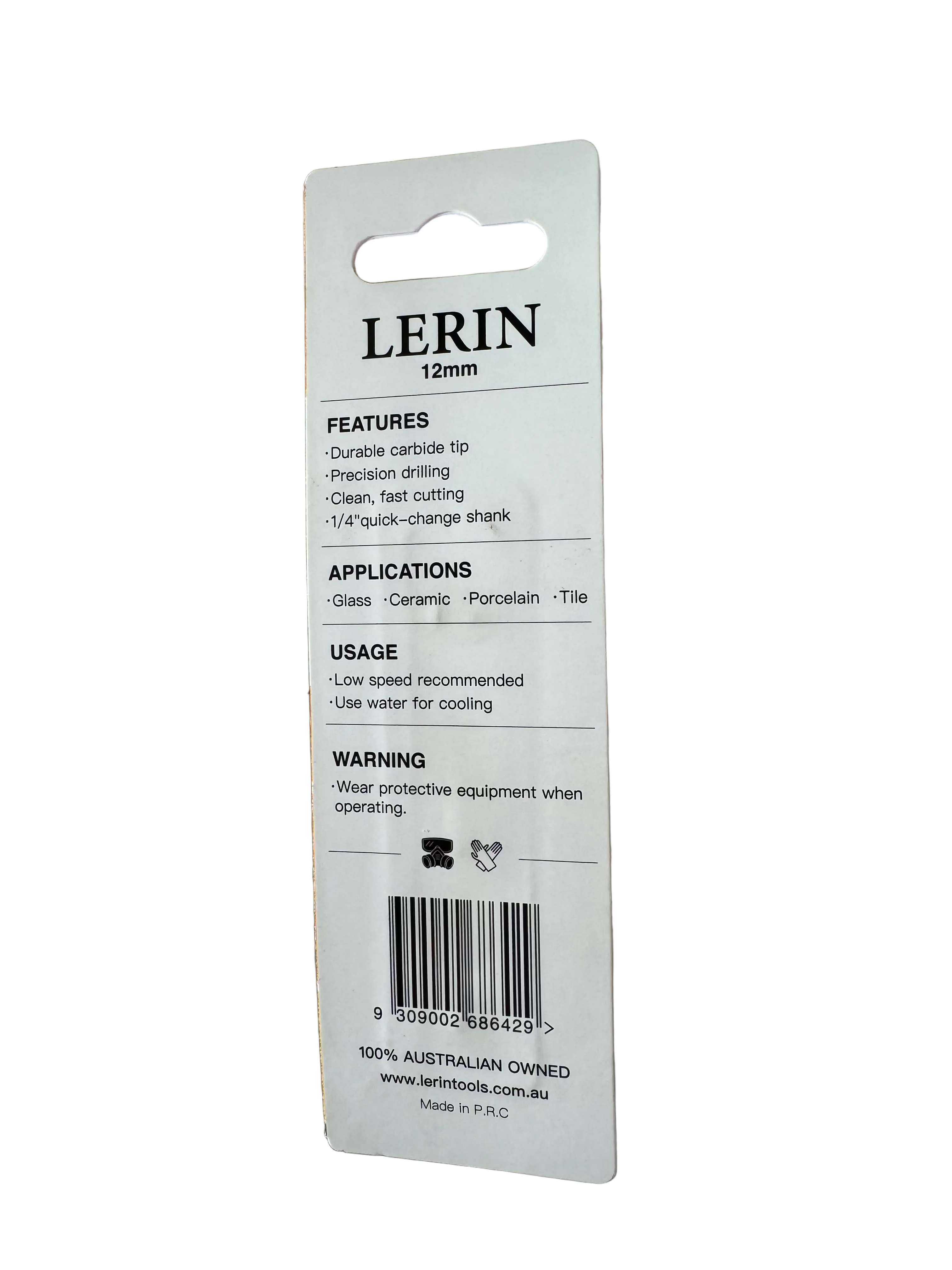 A white plastic retail hang card for a LERIN 12mm drill bit, showing product features, applications, usage, and a barcode on a gray surface.