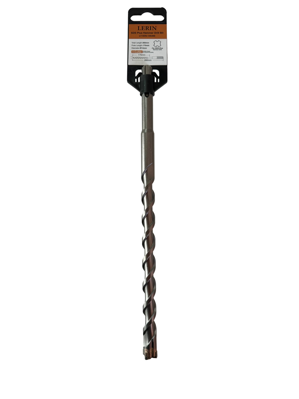 A Lerin 12-inch twist drill bit with a black and orange retail header card, resting on a light-colored surface.