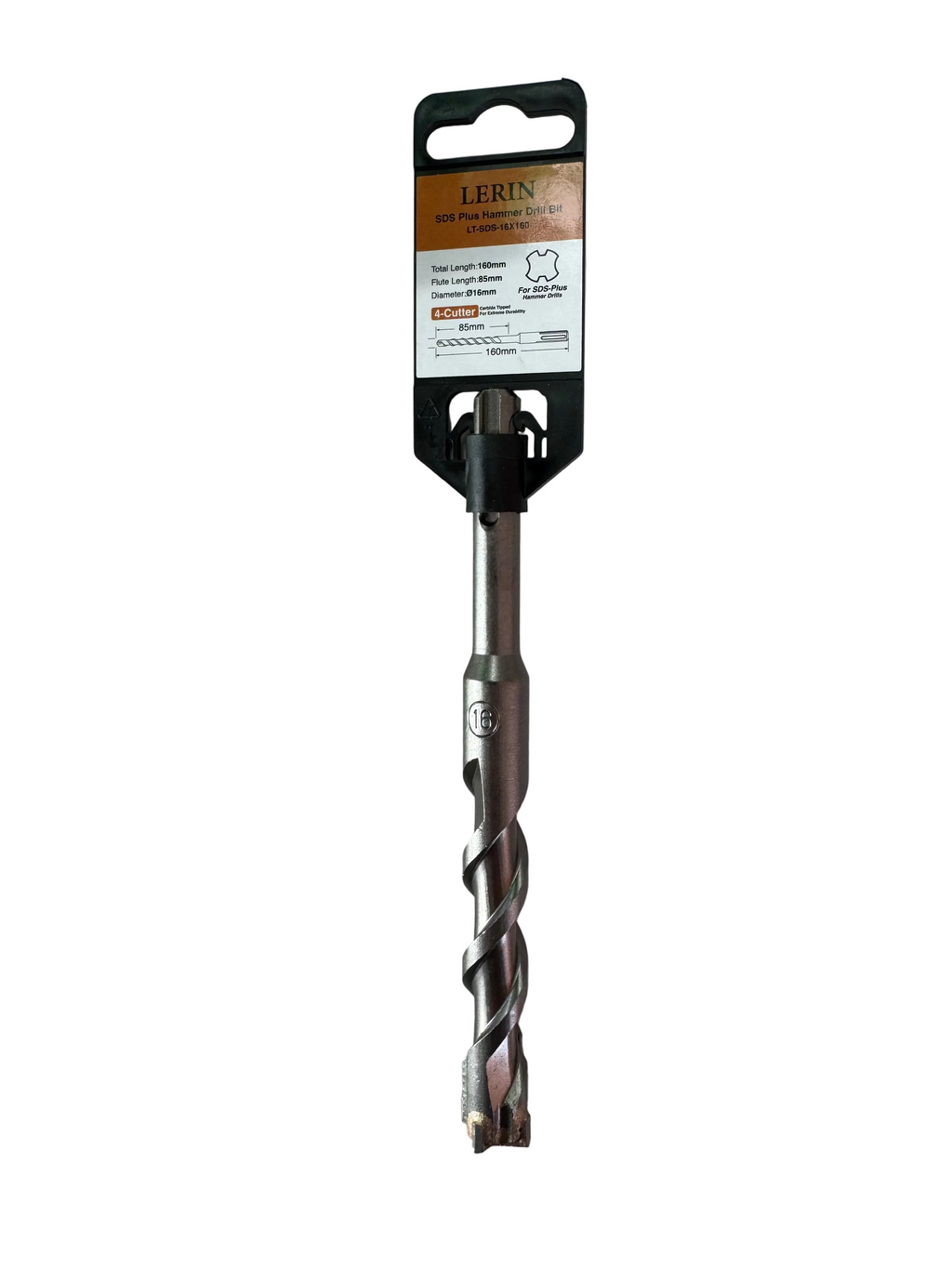 A Lerin 1/4 inch drill bit with a black and orange retail hanger, photographed on a light gray workbench surface.