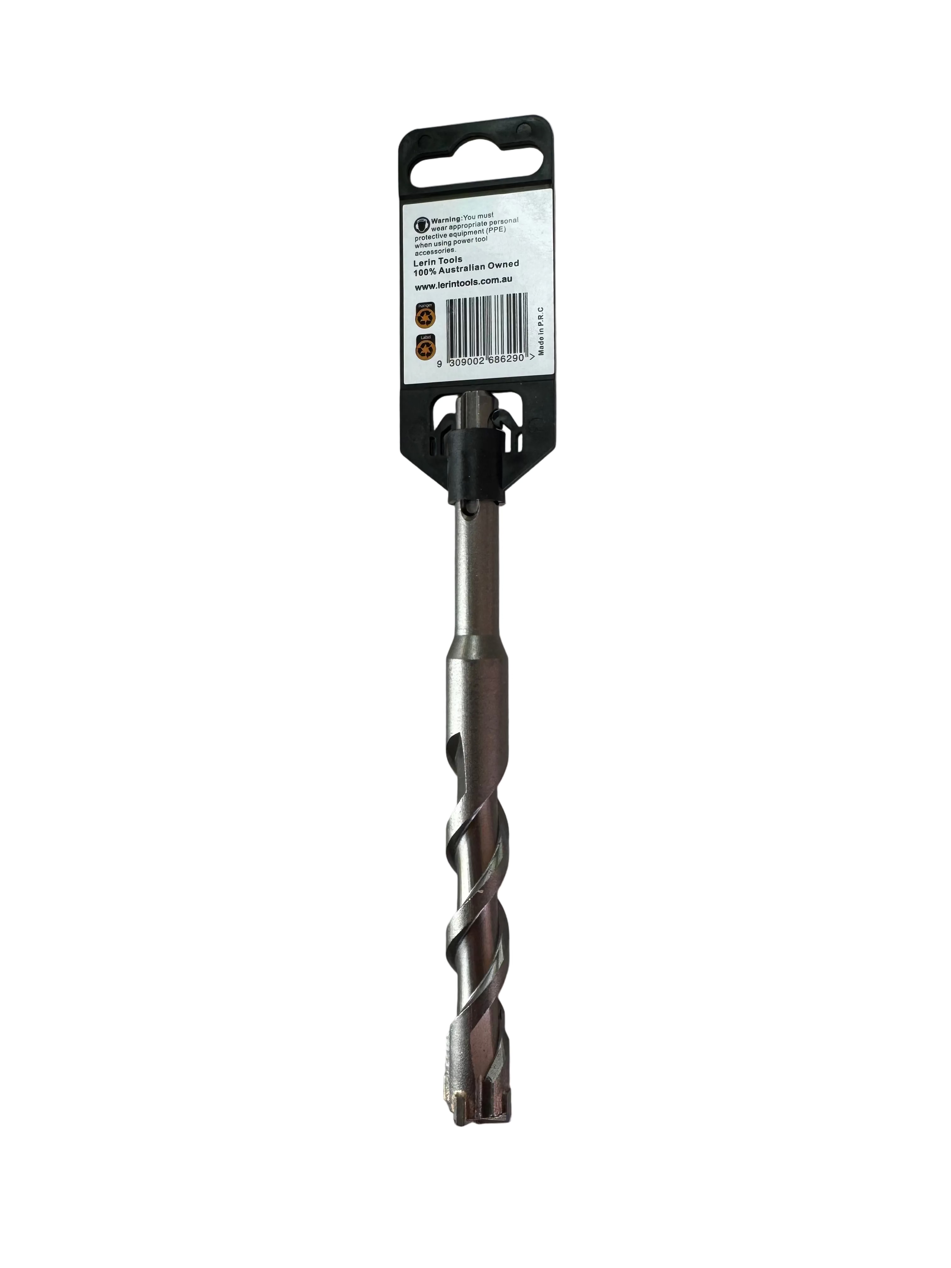 A heavy-duty twist drill bit with a black plastic and cardboard retail hanger, photographed on a light gray workbench surface.