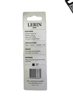 A white plastic retail hang card for a LERIN 5mm precision carbide tip, showing product features, applications, usage instructions, and a barcode on a light gray workbench surface.