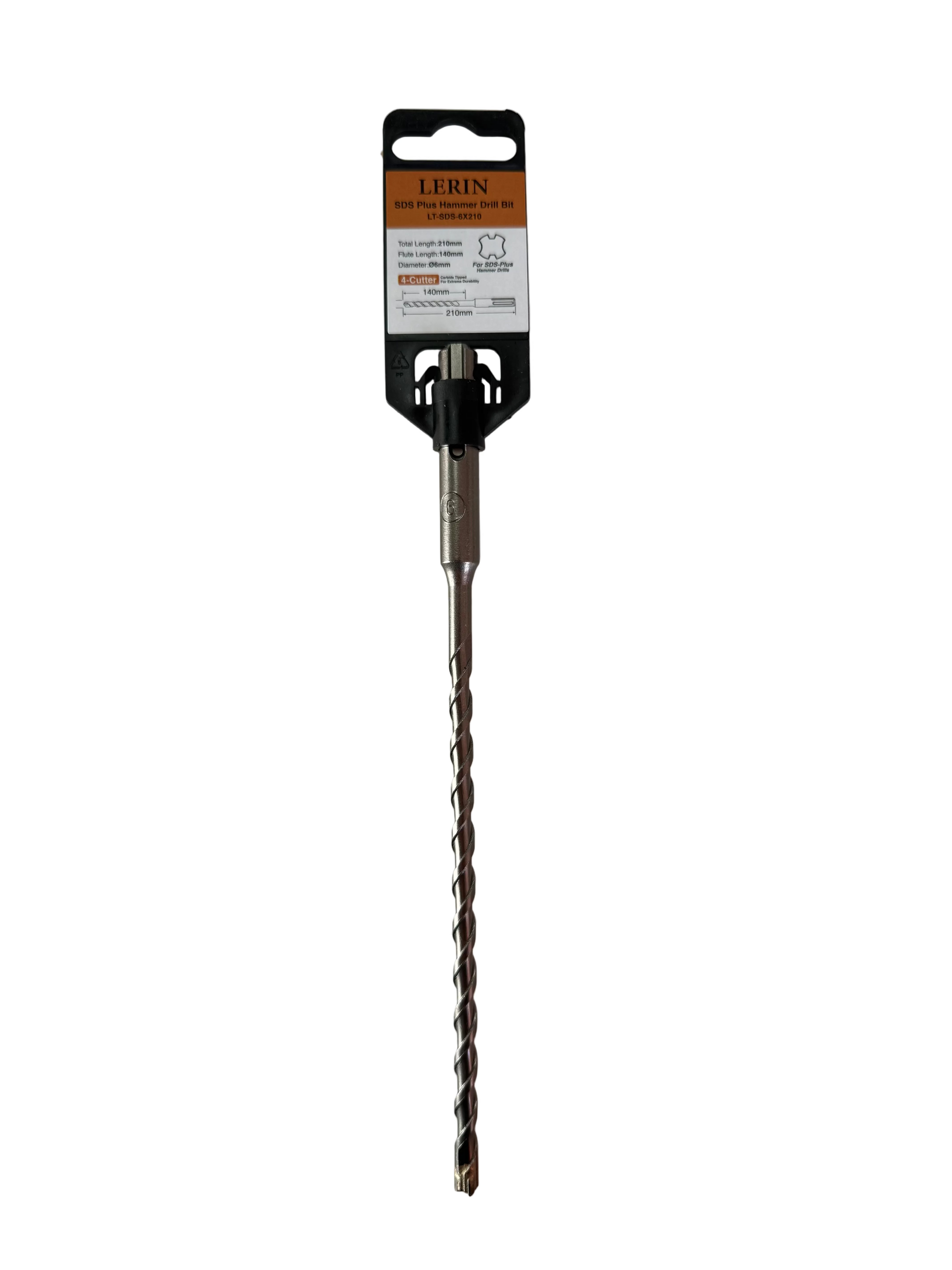 A Lerin 1/4 inch twist drill bit with a black and orange retail header card, lying on a light-colored, slightly scuffed tabletop.