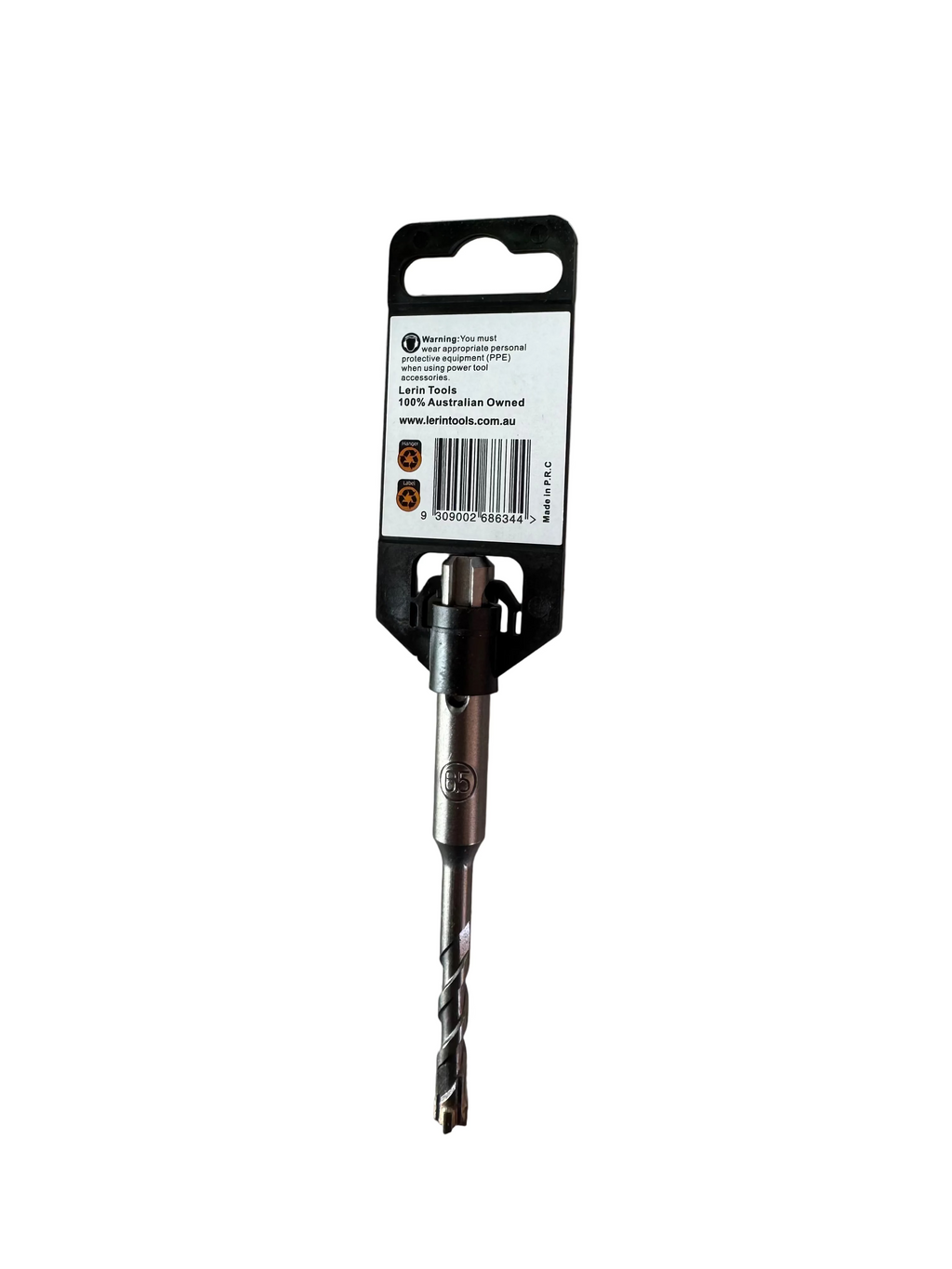 A single drill bit with a black plastic and metal holder, shown on a light gray surface with a partial red-and-white box edge visible in the top left.