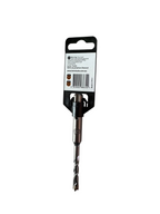 A single drill bit with a black plastic and metal holder, shown on a light gray surface with a partial red-and-white box edge visible in the top left.