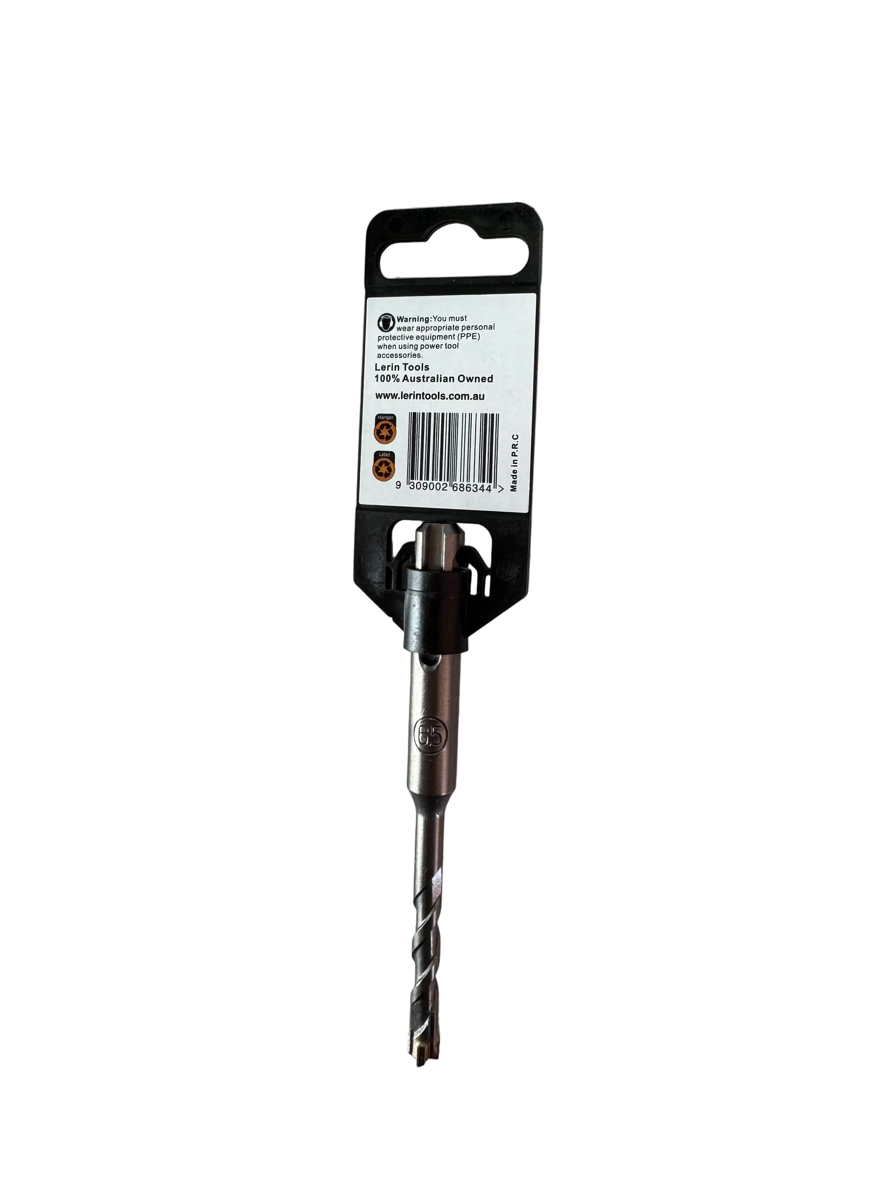A single drill bit with a black plastic and metal holder, shown on a light gray surface with a partial red-and-white box edge visible in the top left.