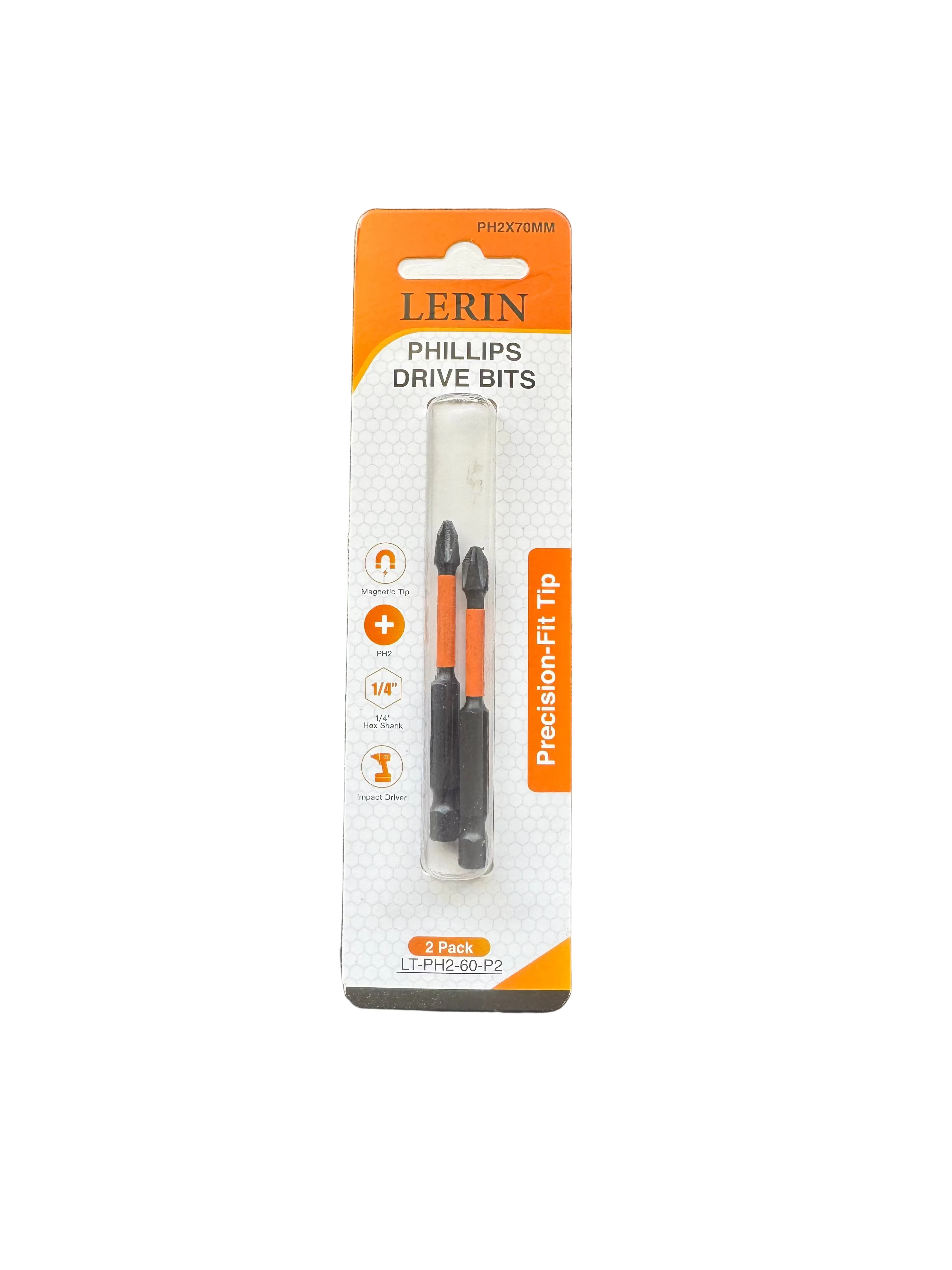 A 2-pack of Lerin Phillips Drive Bits precision-fit tips in their original retail blister packaging, placed on a dark textured surface.