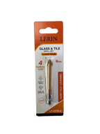 A LERIN 8mm glass and tile drill bit in its original retail packaging, placed on a light-colored, slightly scuffed surface.