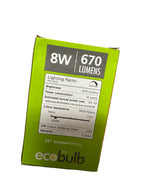 Hand holding a green LED bulb packaging with technical specifications on a red surface.