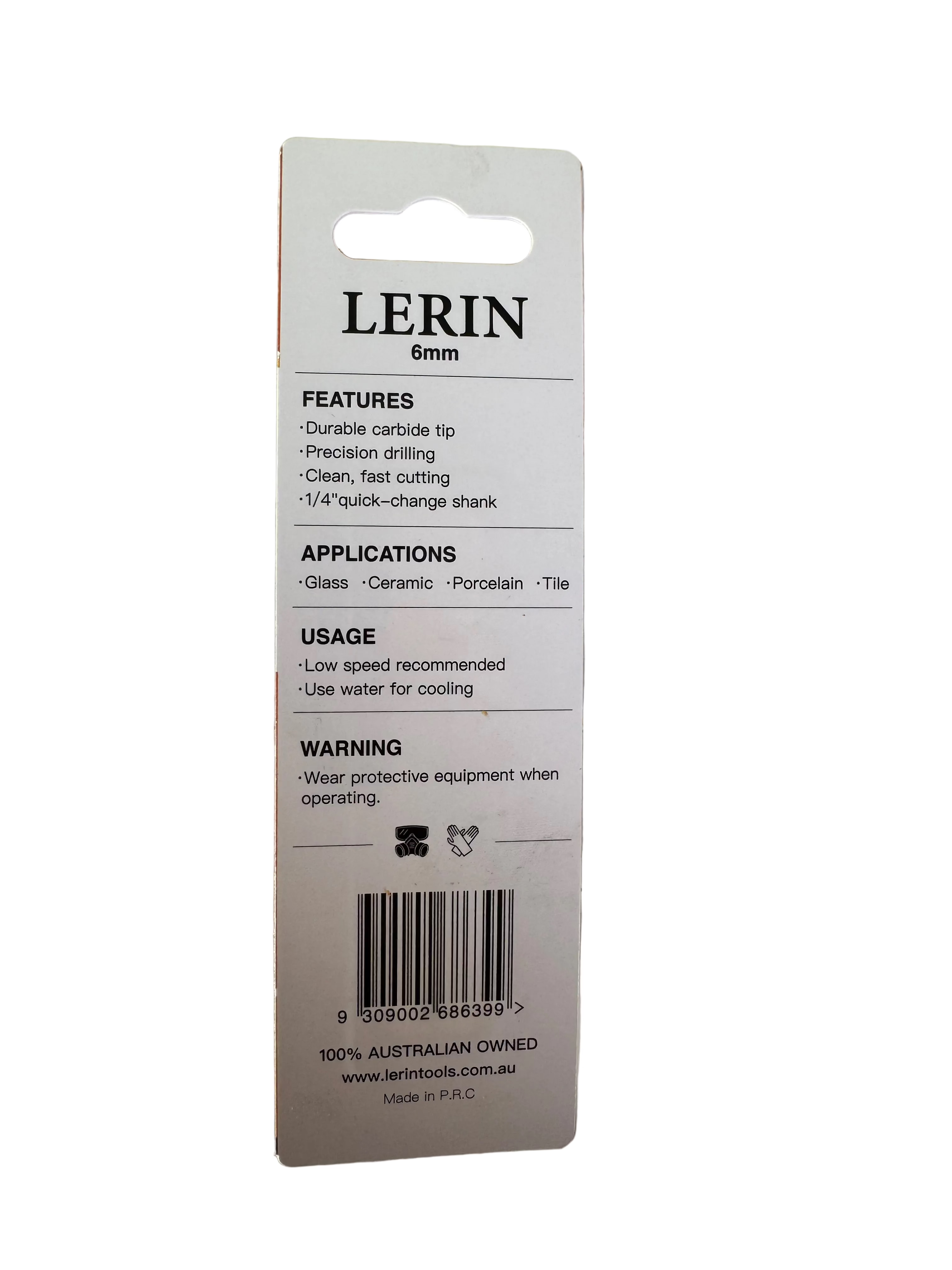 A vertical product packaging card for a LERIN 6mm carbide tip, showing features, applications, usage, and warning information on a light-colored, slightly scuffed surface.