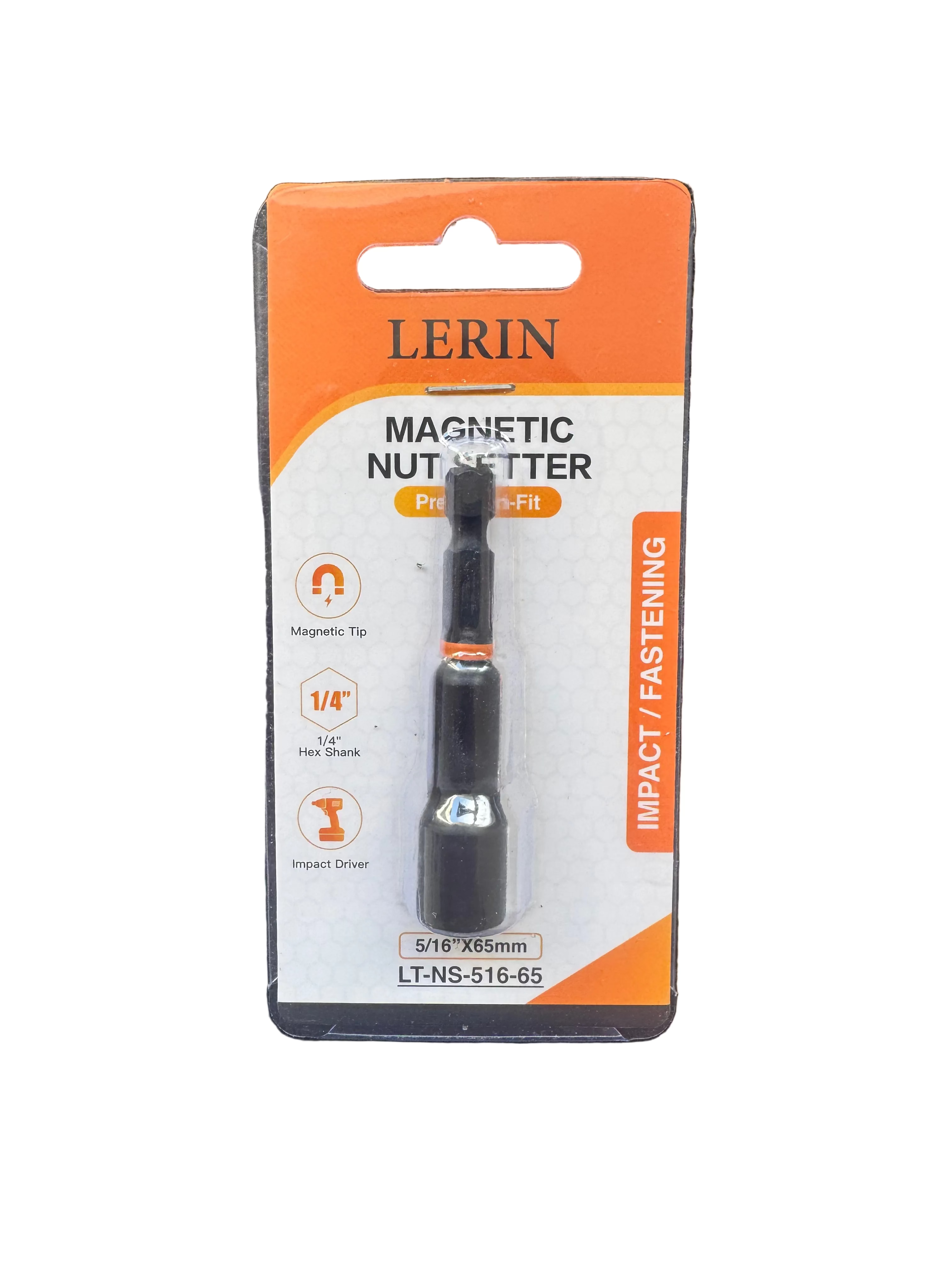 A Lerin Magnetic Nut Setter impact driver bit in its original retail blister packaging, displayed on a dark textured background.