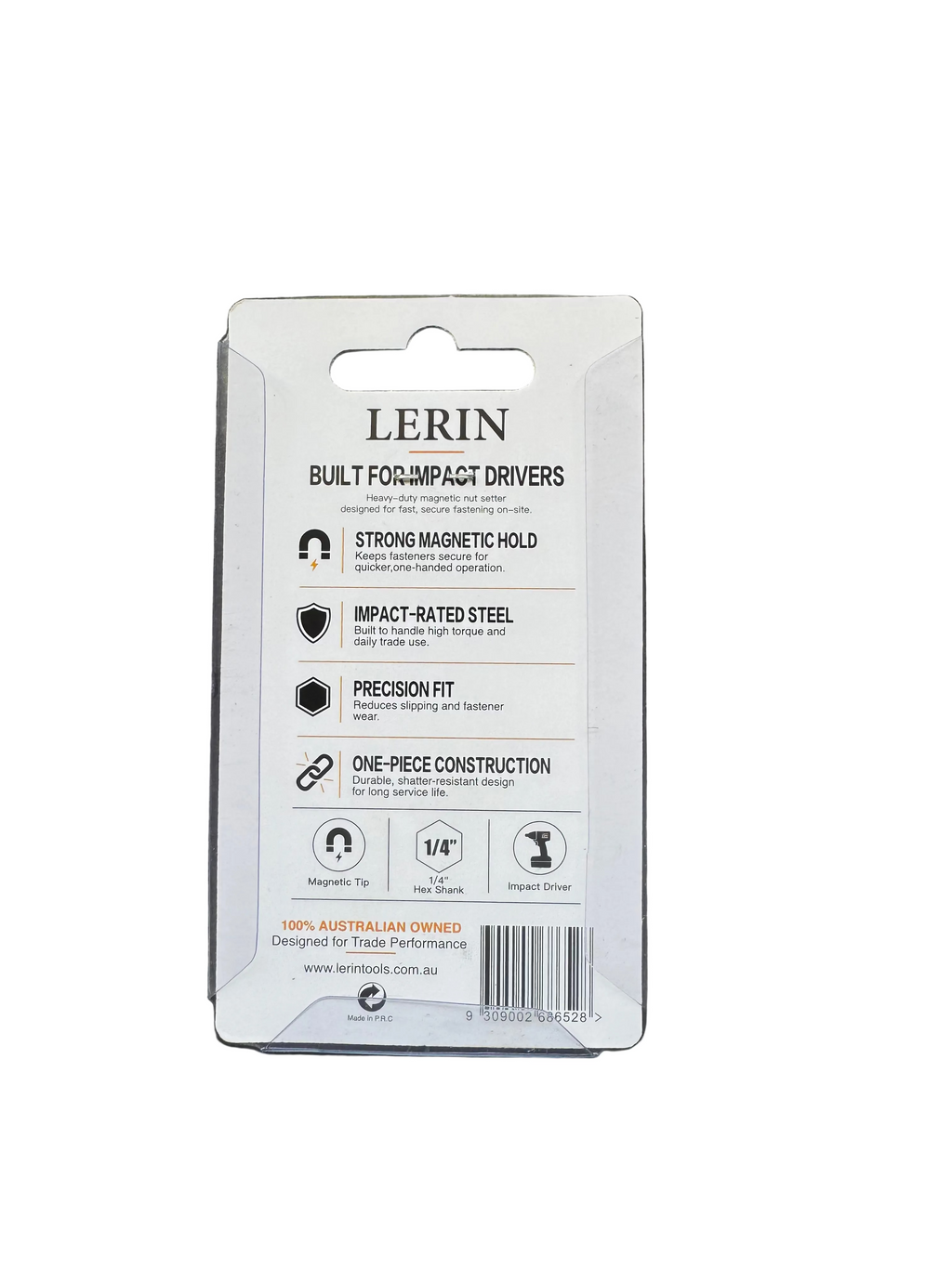 A retail-packaged LERIN brand impact driver bit on a textured black background. The packaging card is white with black text detailing the product features.