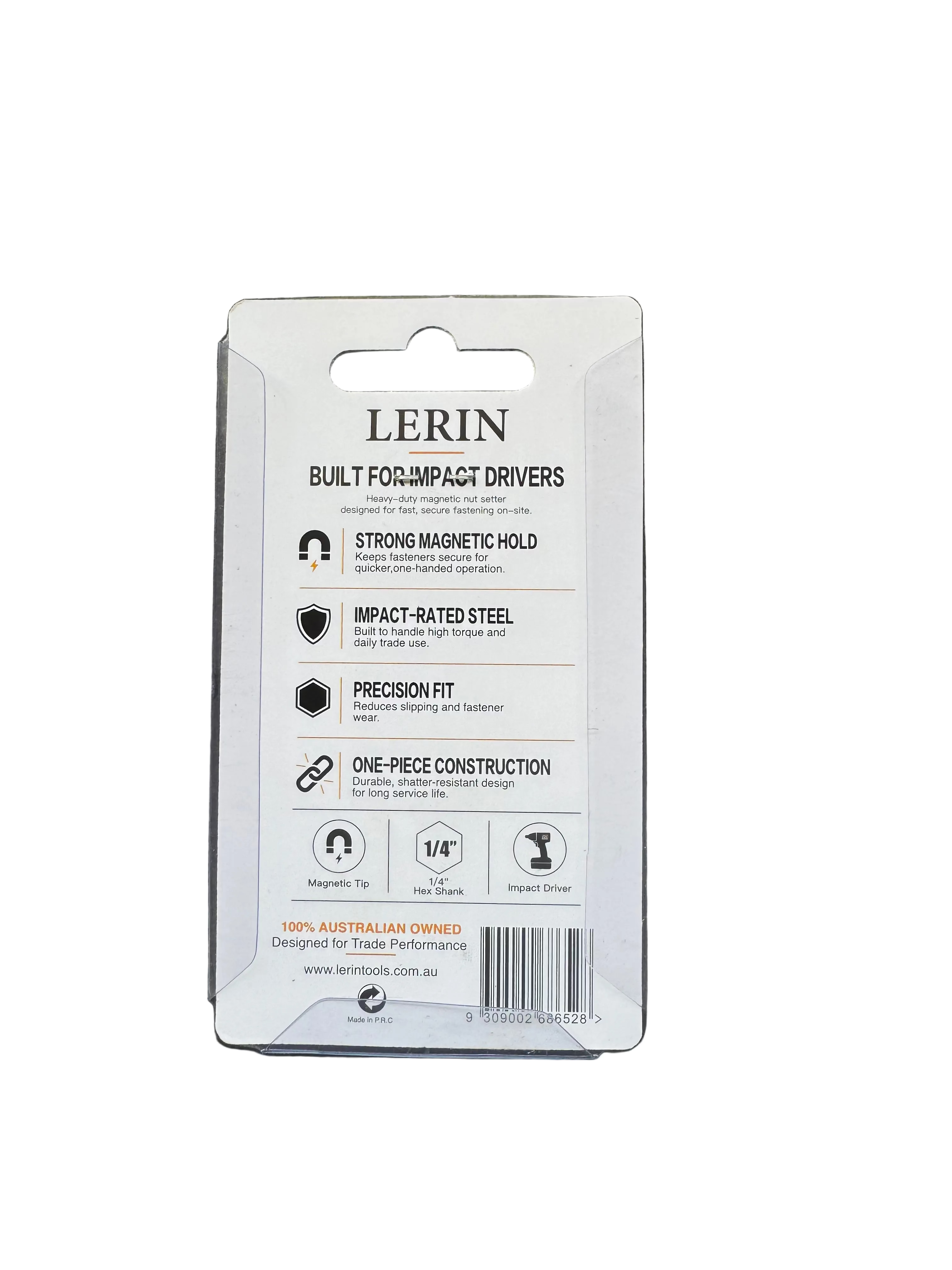 A retail-packaged LERIN brand impact driver bit on a textured black background. The packaging card is white with black text detailing the product features.