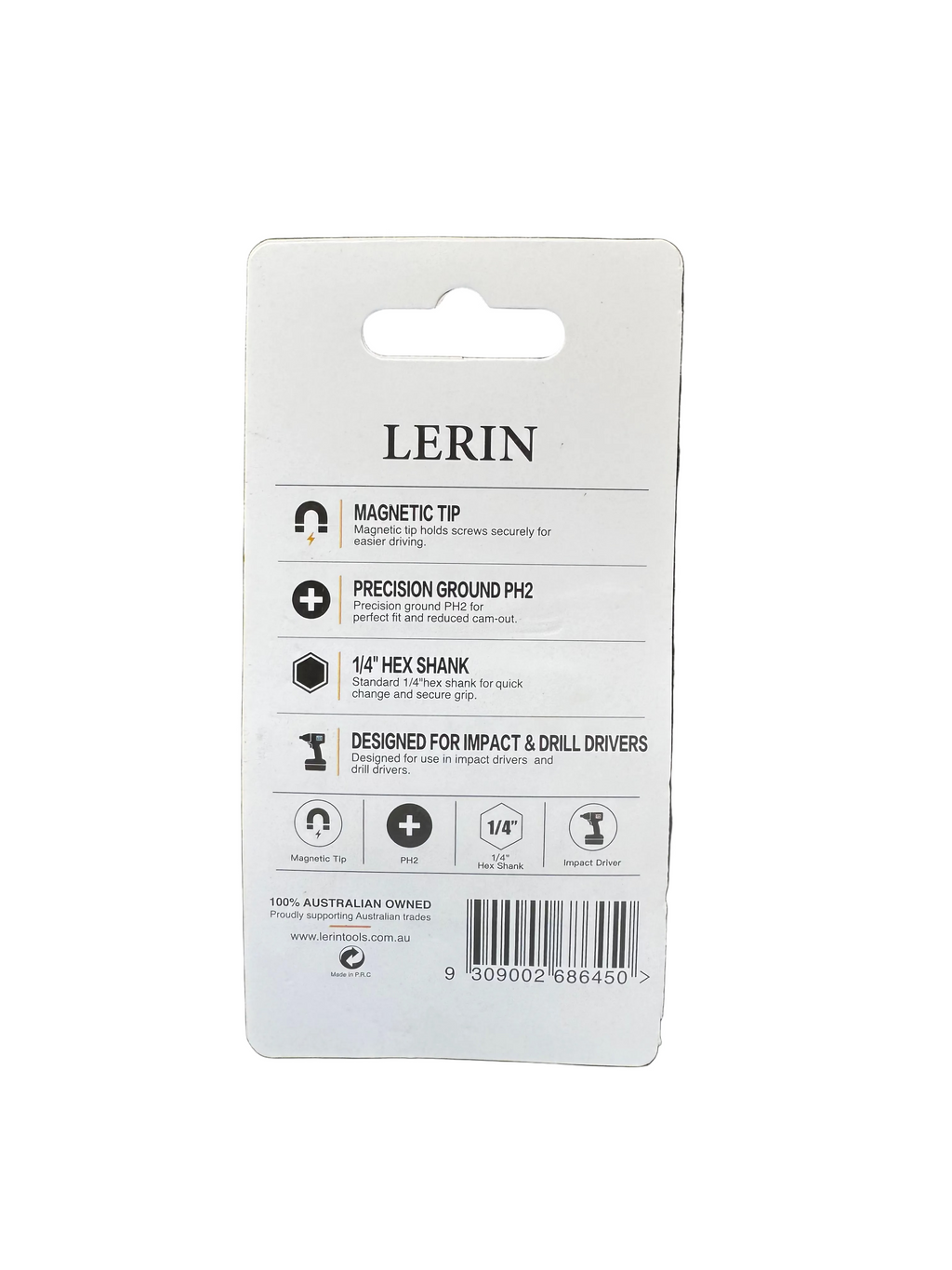 A white LERIN product information card with a hanger tab, showing specifications and icons for a magnetic tip and precision ground PH2 hex shank, photographed against a black textured background.