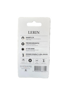 A white LERIN product information card with a hanger tab, showing specifications and icons for a magnetic tip and precision ground PH2 hex shank, photographed against a black textured background.