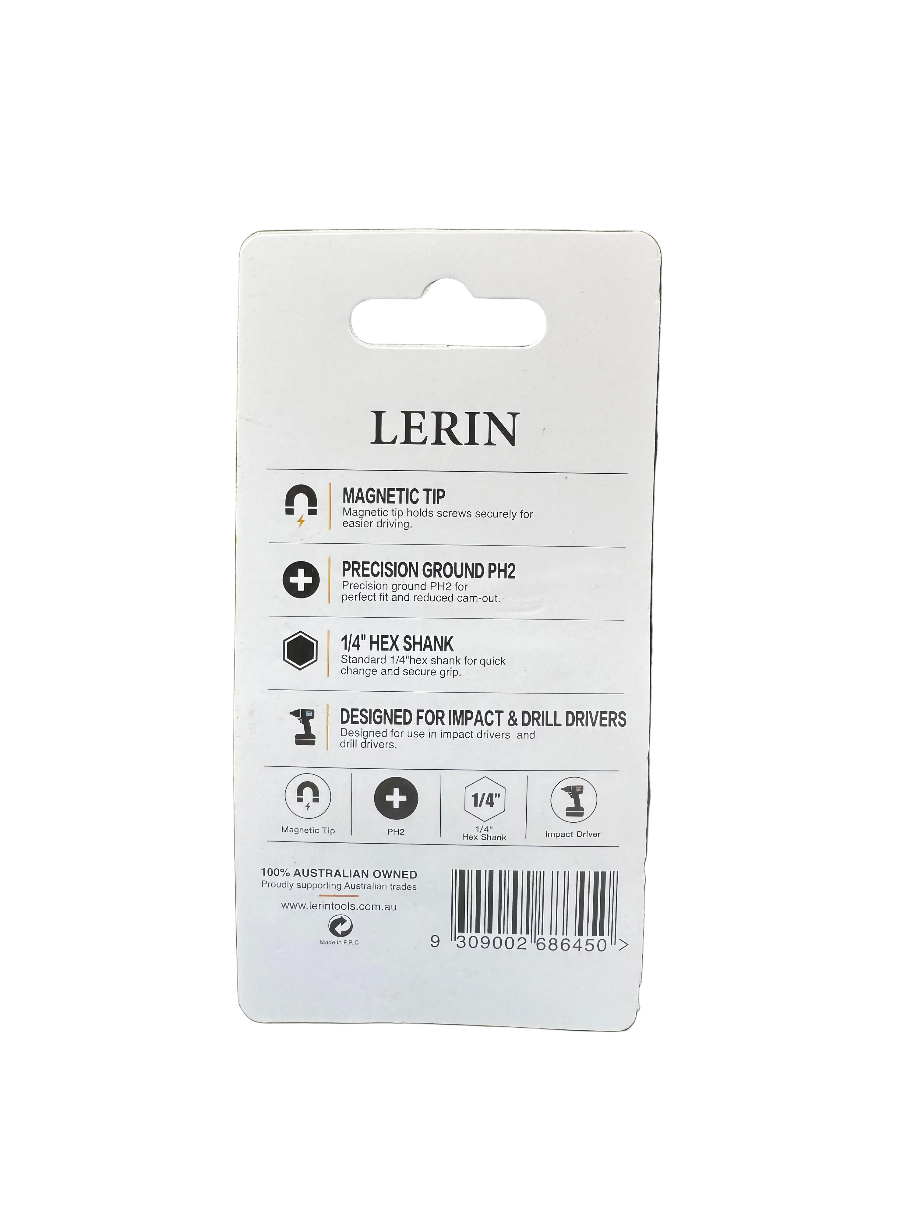 A white LERIN product information card with a hanger tab, showing specifications and icons for a magnetic tip and precision ground PH2 hex shank, photographed against a black textured background.