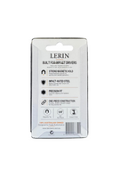 The retail packaging card for a LERIN impact-rated steel magnetic driver bit, displayed on a dark textured background.