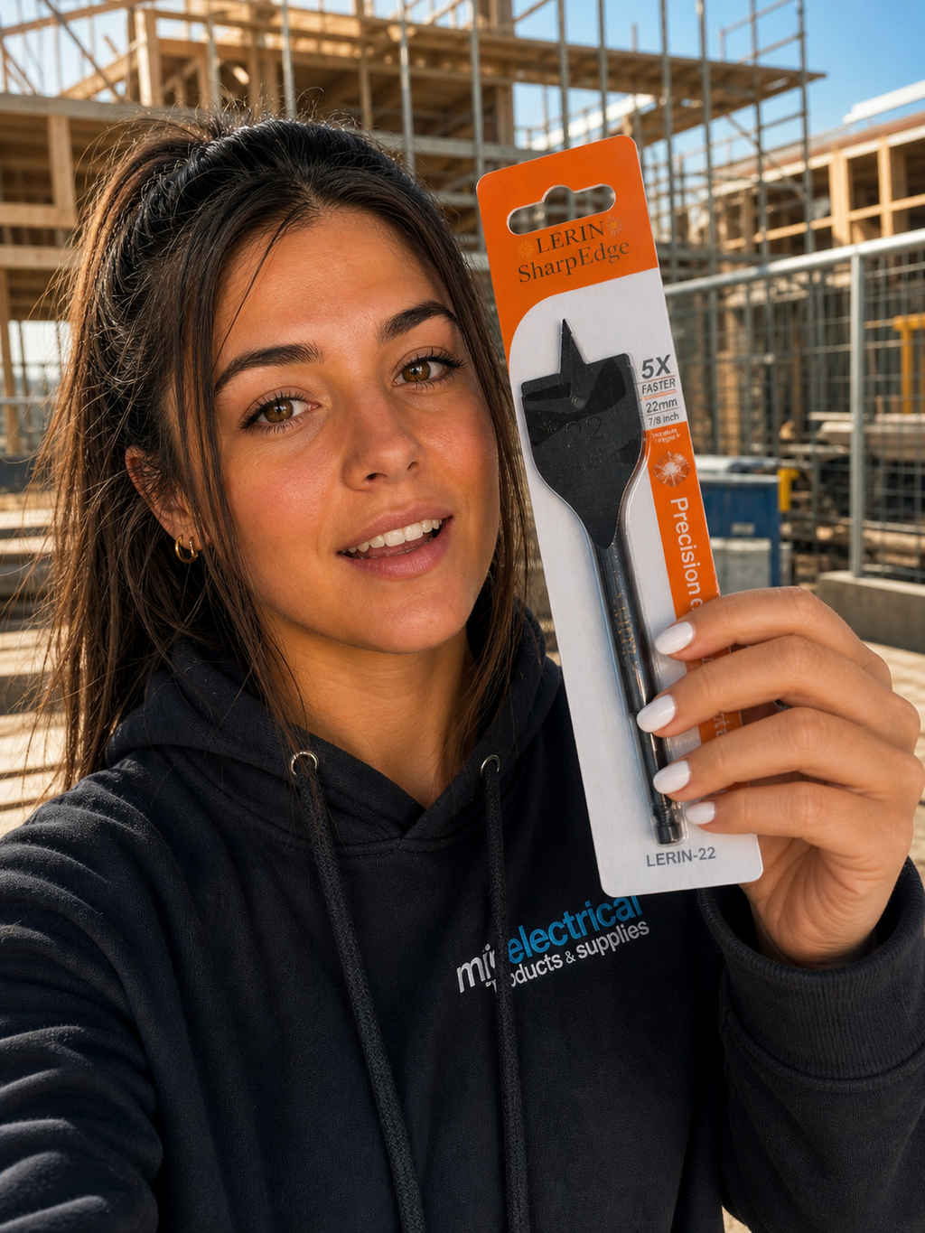 Woman holding a package of tools with a construction site in the background