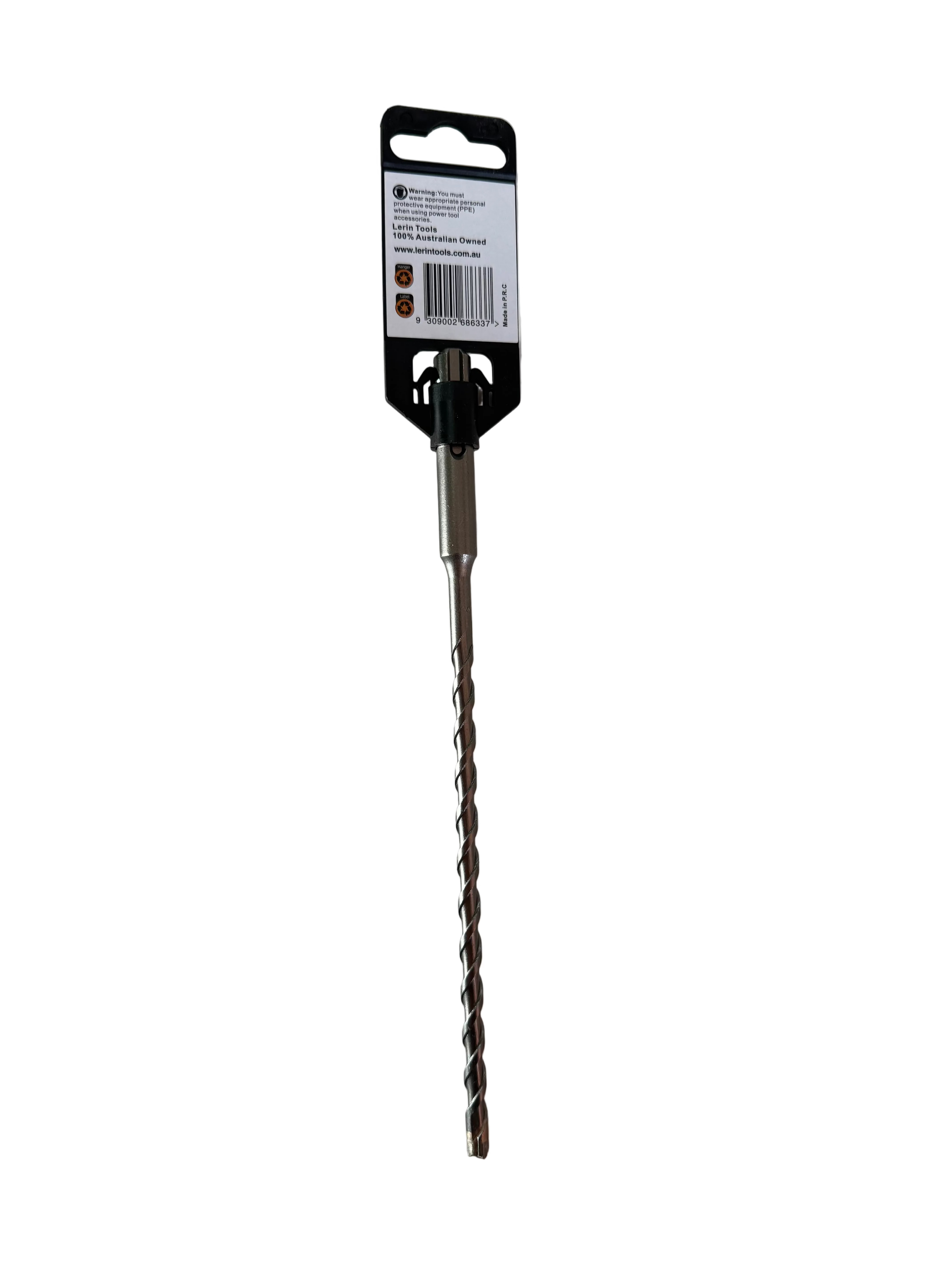 A 1/2-inch twist drill bit with a black plastic and metal retail hanger tag, placed on a light-colored surface next to a box of Saites 6-point drill bits.