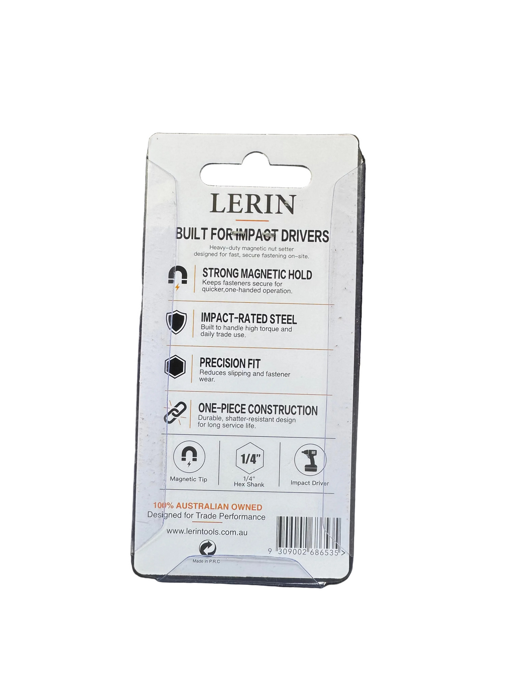 Lerin magnetic impact driver bit in its original retail packaging, displayed on a black textured background.