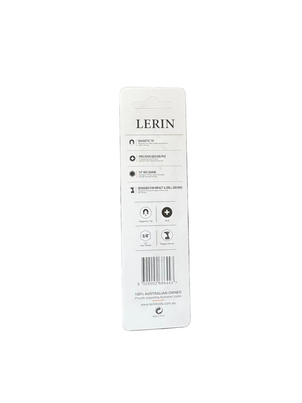 A white LERIN product information label with text and icons, placed on a dark textured surface.