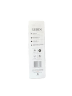 A white LERIN product information label with text and icons, placed on a dark textured surface.