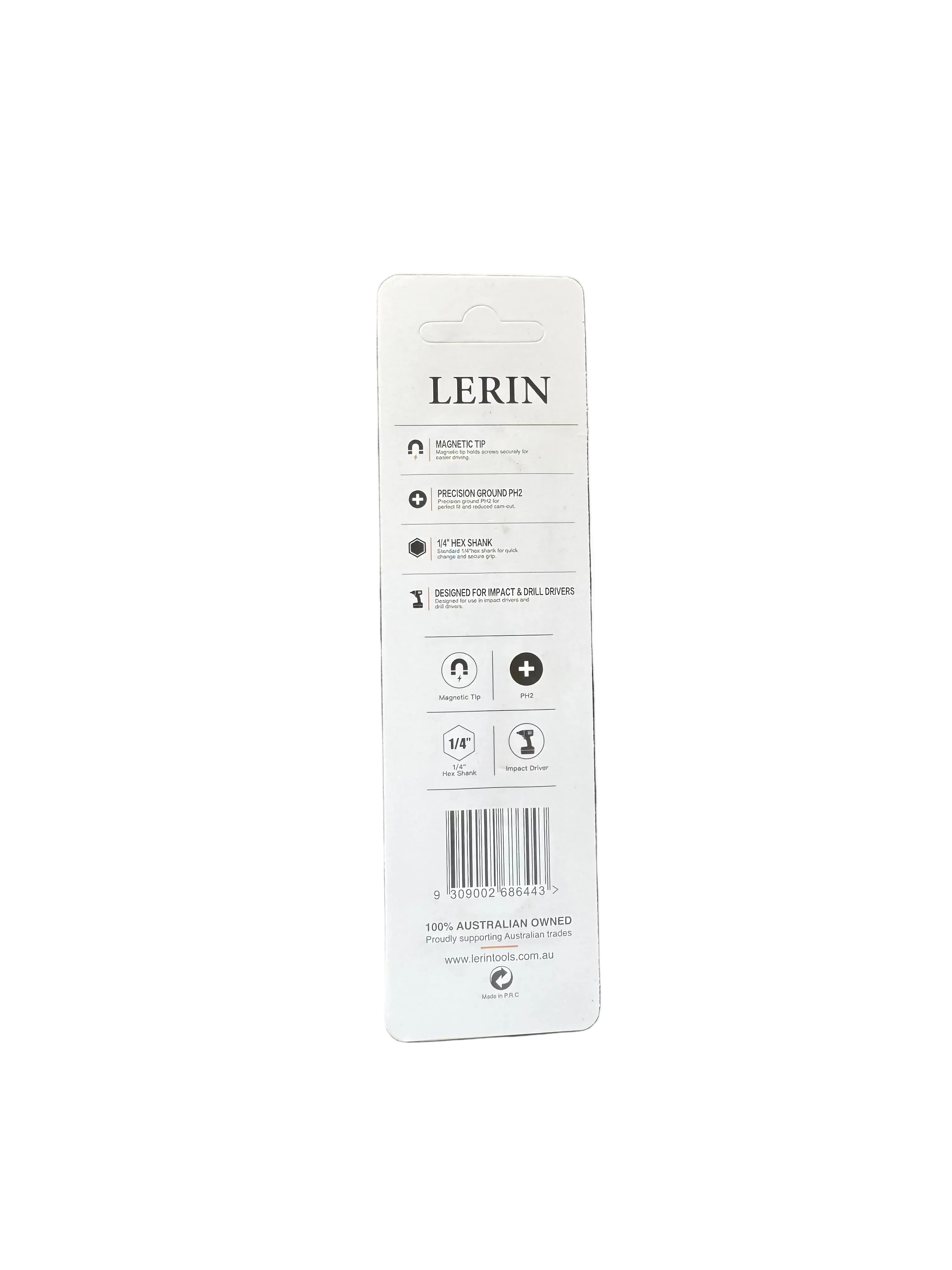 A white LERIN product information label with text and icons, placed on a dark textured surface.