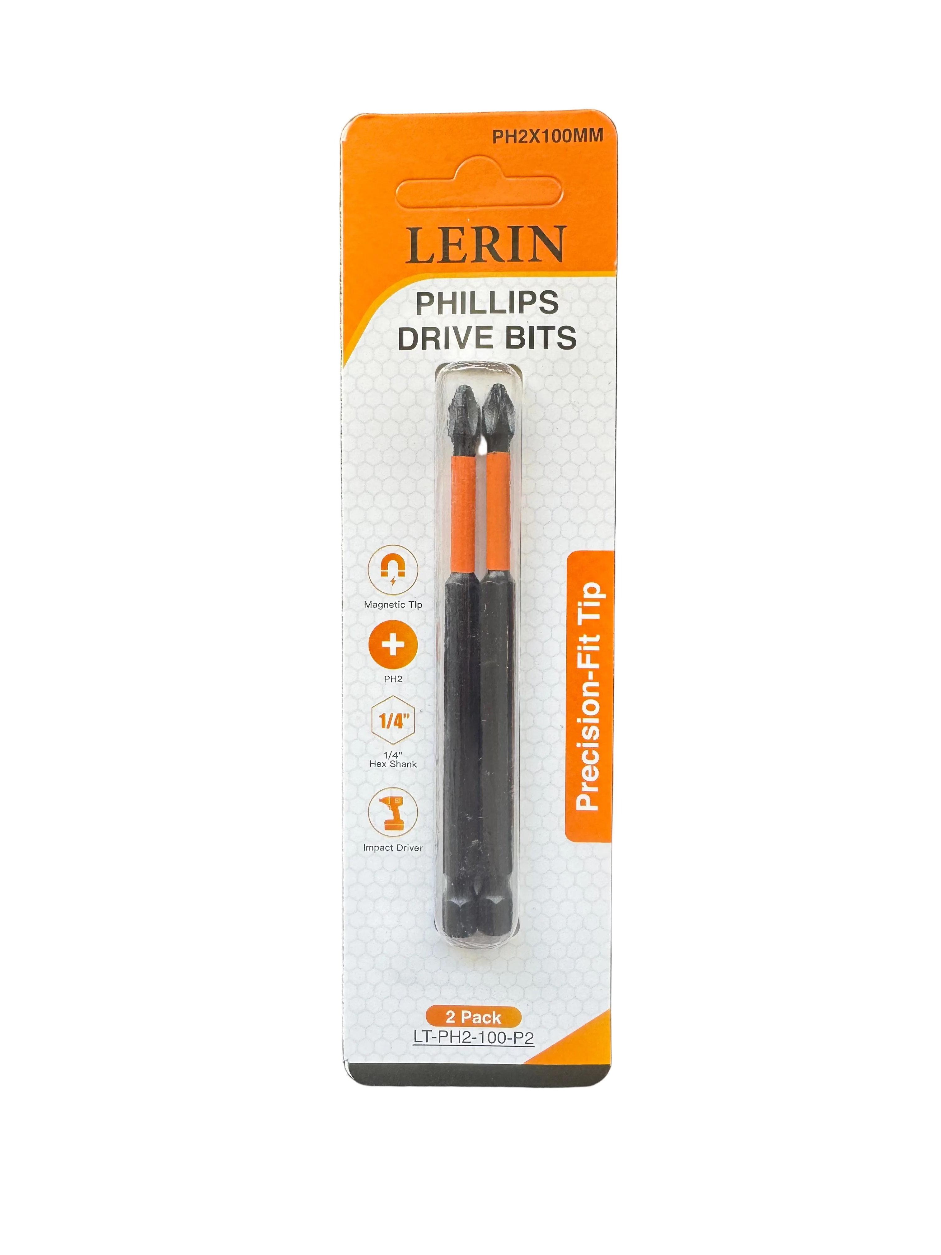 A 2-pack of LERIN Phillips Drive Bits PH2X100MM precision-fit tips in retail blister packaging, displayed on a dark textured surface.
