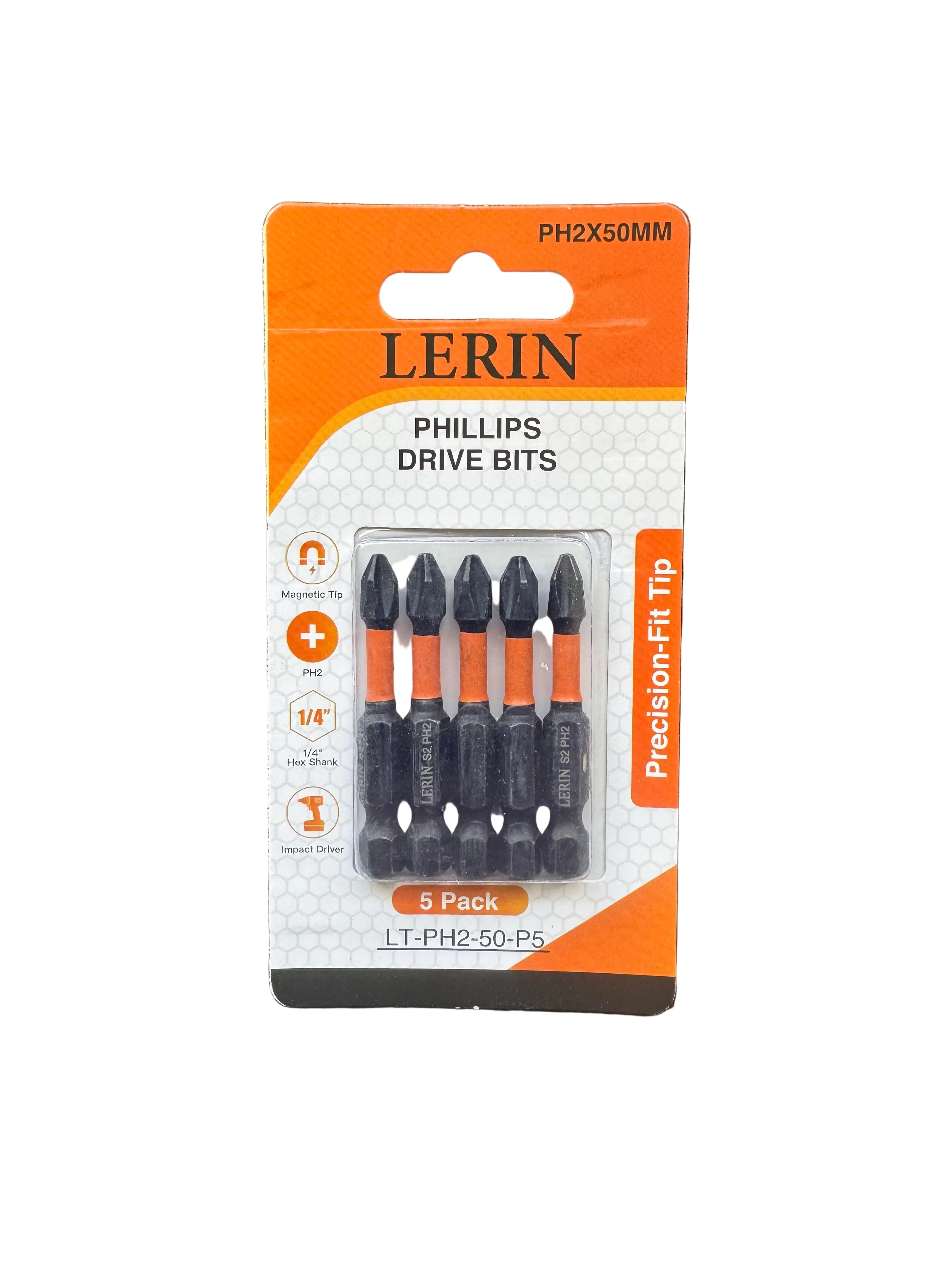 A 5-pack of LERIN Phillips Drive Bits (PH2X50MM) in their original retail blister packaging, displayed on a dark textured background.