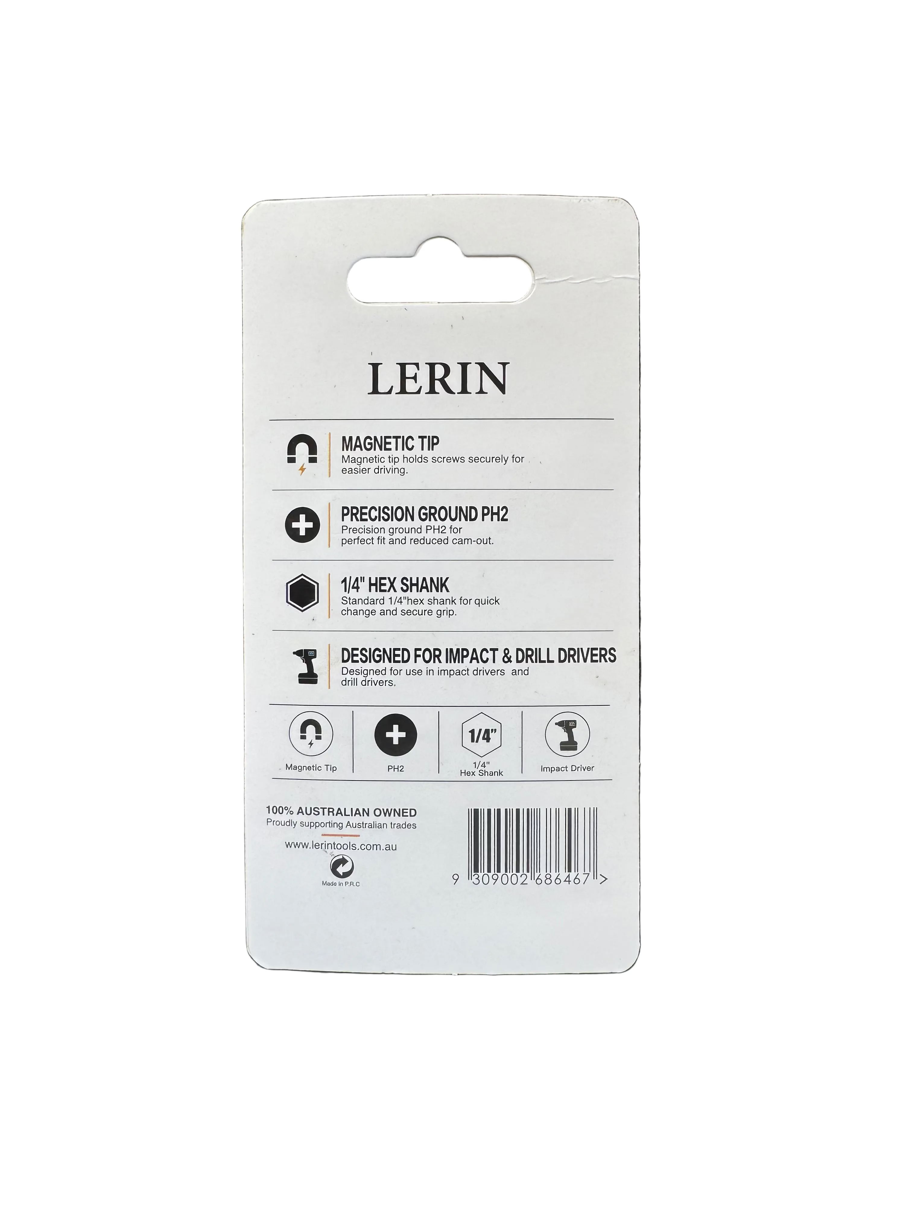 The back of a white Lerin product packaging card, showing specifications and icons for a magnetic tip and precision ground PH2 screw driver bit, photographed against a dark textured background.