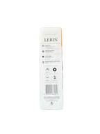 The back of a LERIN brand retail card or packaging insert, showing product details, icons, and a barcode, photographed on a dark textured surface.