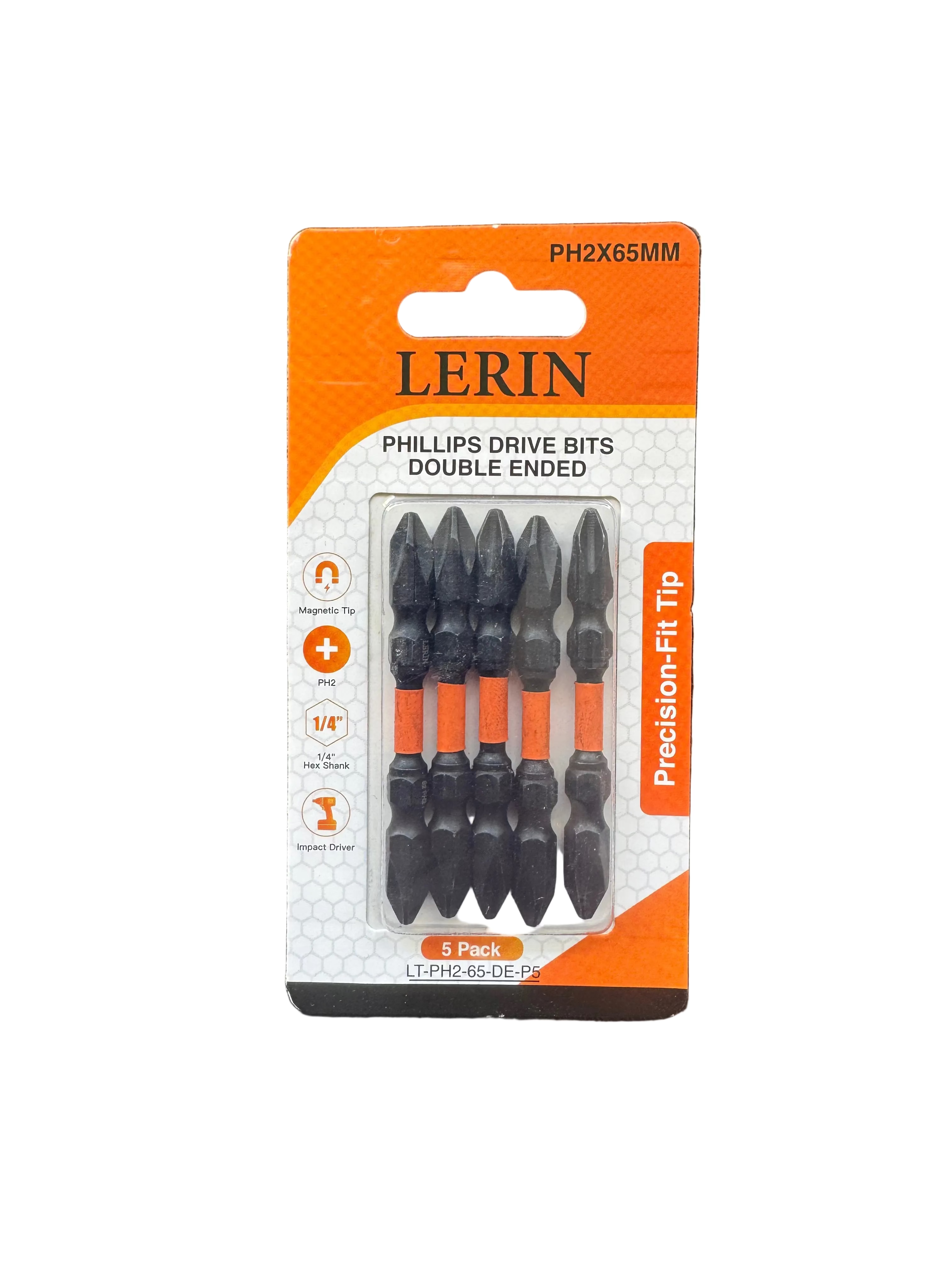 A 5-pack of LERIN PH2X65MM Phillips drive bits with double-ended precision fit tips, in orange and white retail packaging, placed on a dark textured surface.