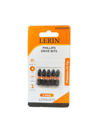 A 5-pack of LERIN PH2X25MM Phillips Drive Bits in precision fit tip, packaged in its original orange and white cardboard blister card on a black textured background.