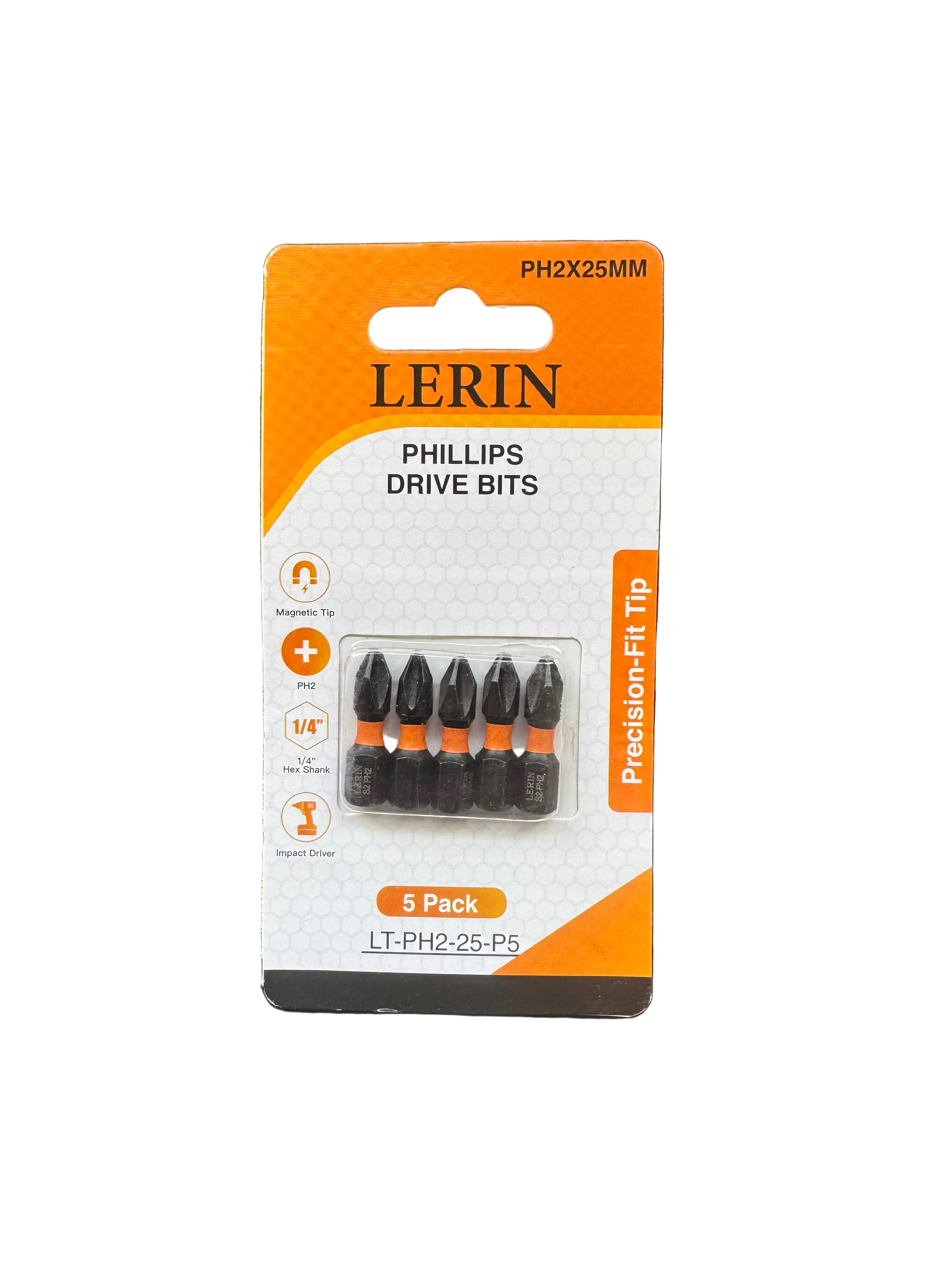 A 5-pack of LERIN PH2X25MM Phillips Drive Bits in precision fit tip, packaged in its original orange and white cardboard blister card on a black textured background.