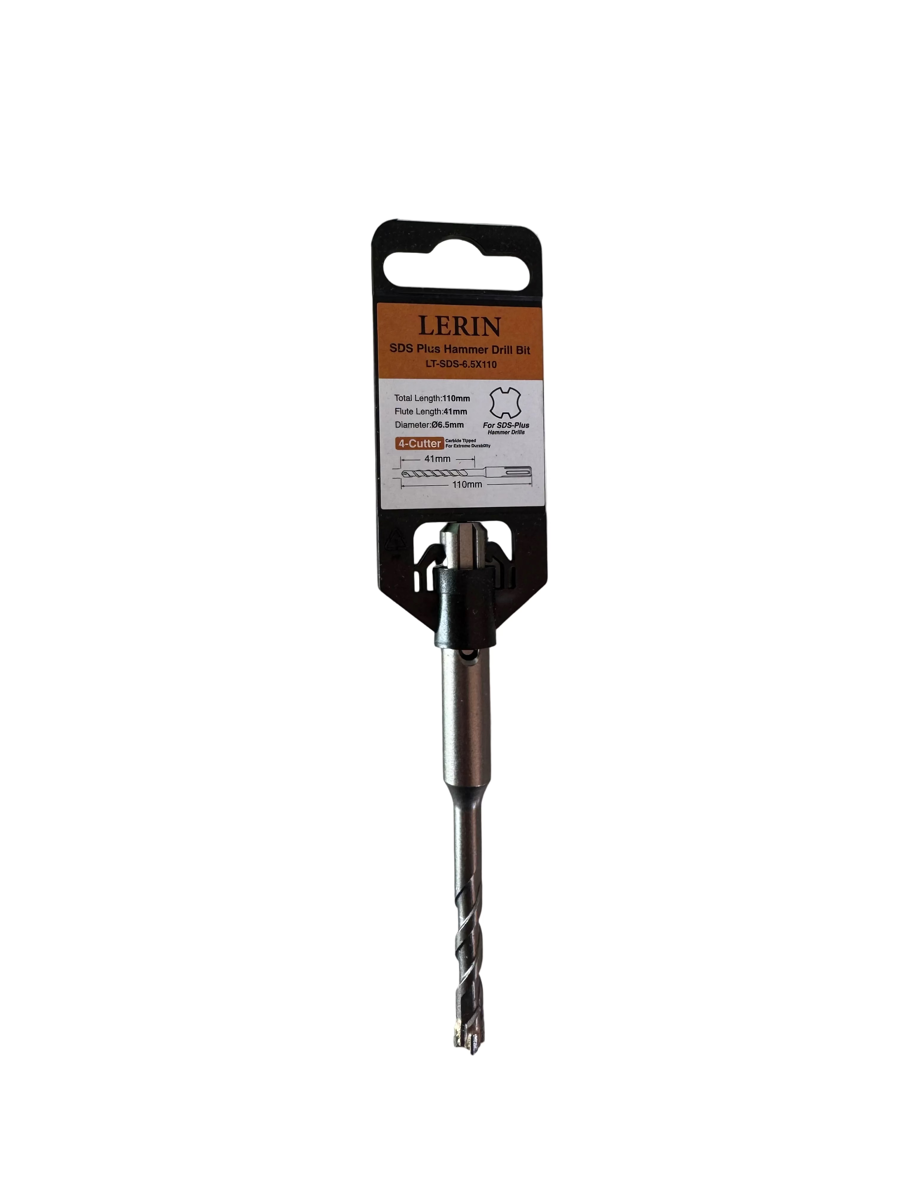 A Lerin 1/4 inch single flute twist bit with a black and orange retail hanger card, photographed on a light gray workbench surface.