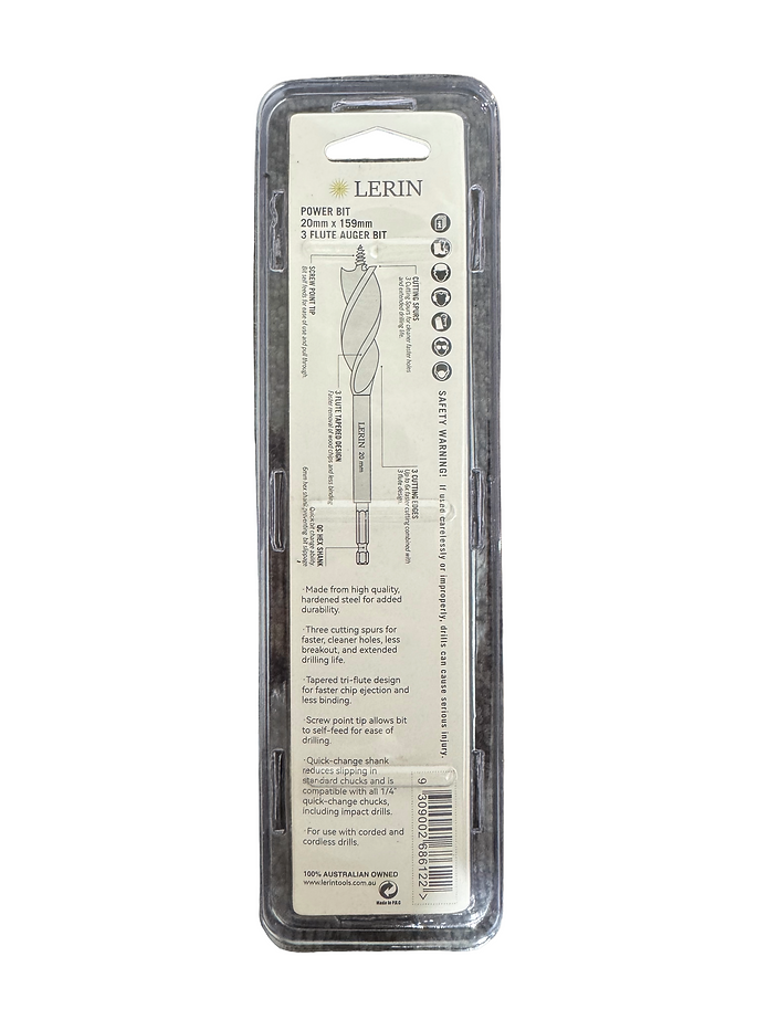 Side view of Lerin 20mm 3-flute auger bit LT-AUG-20 showing flutes and shank