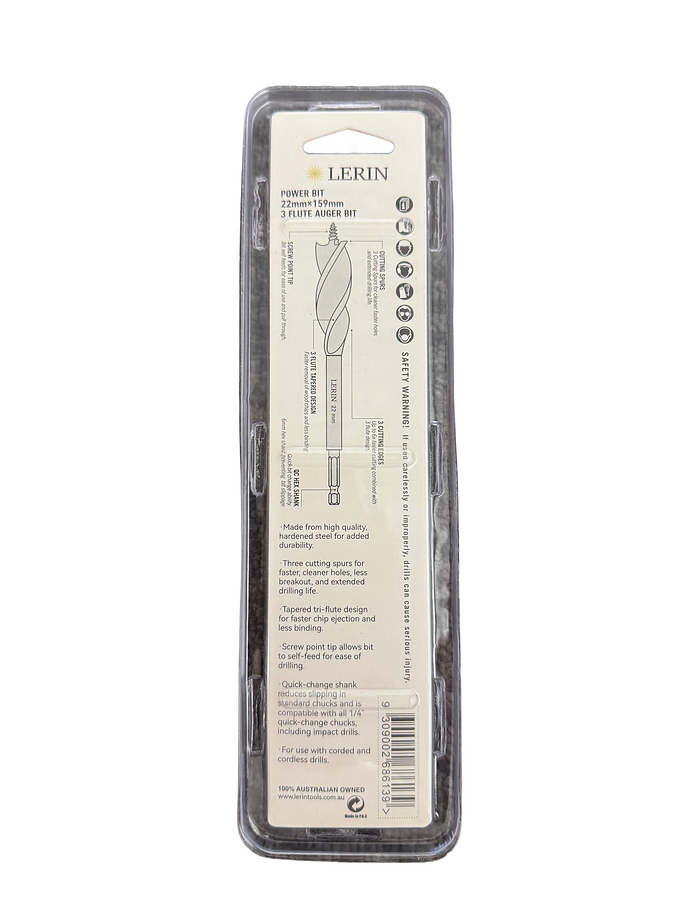 Side view of Lerin 22mm 3-flute auger bit LT-AUG-22 showing flutes and shank