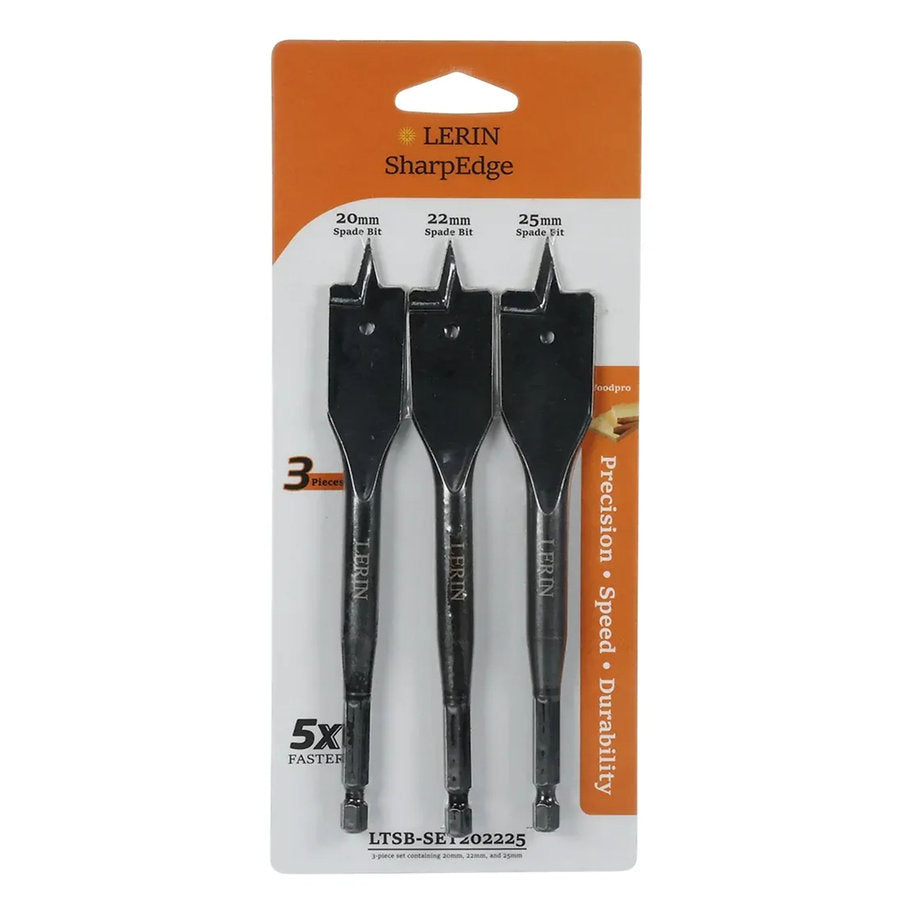 Packaging of LERIN SharpEdge spade bits with three black tools on an orange and white background.