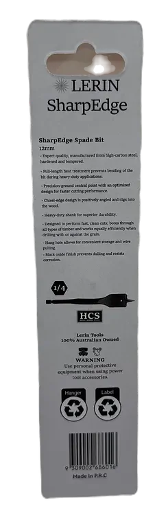 Side view of Lerin Tools 12mm SharpEdge spade bit showing cutting profile