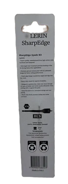 Side view of Lerin Tools 14mm SharpEdge spade bit showing cutting profile