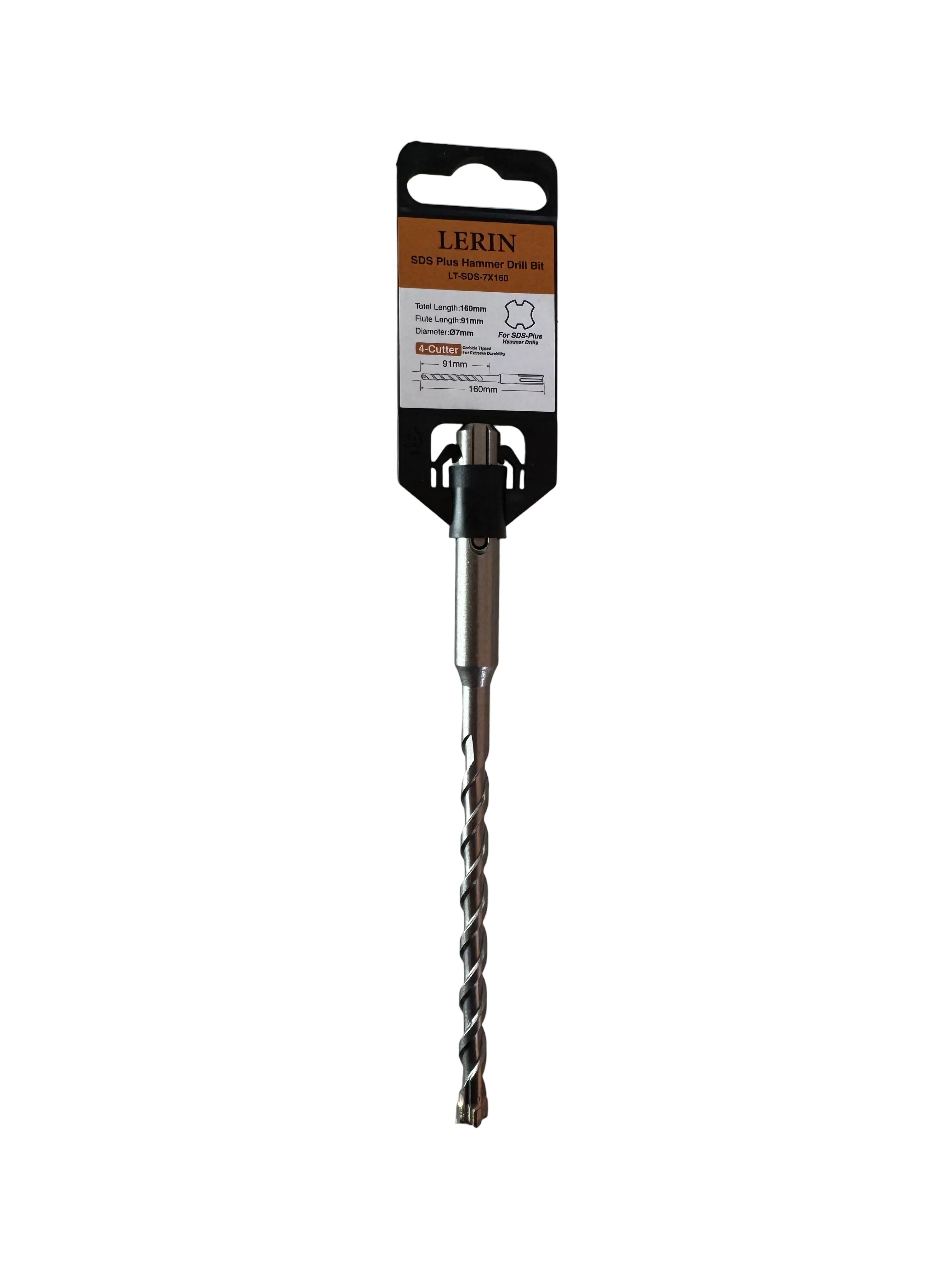A Lerin 1/4 inch drill bit with a black and orange retail hanger card, placed on a light-colored, slightly scuffed surface.