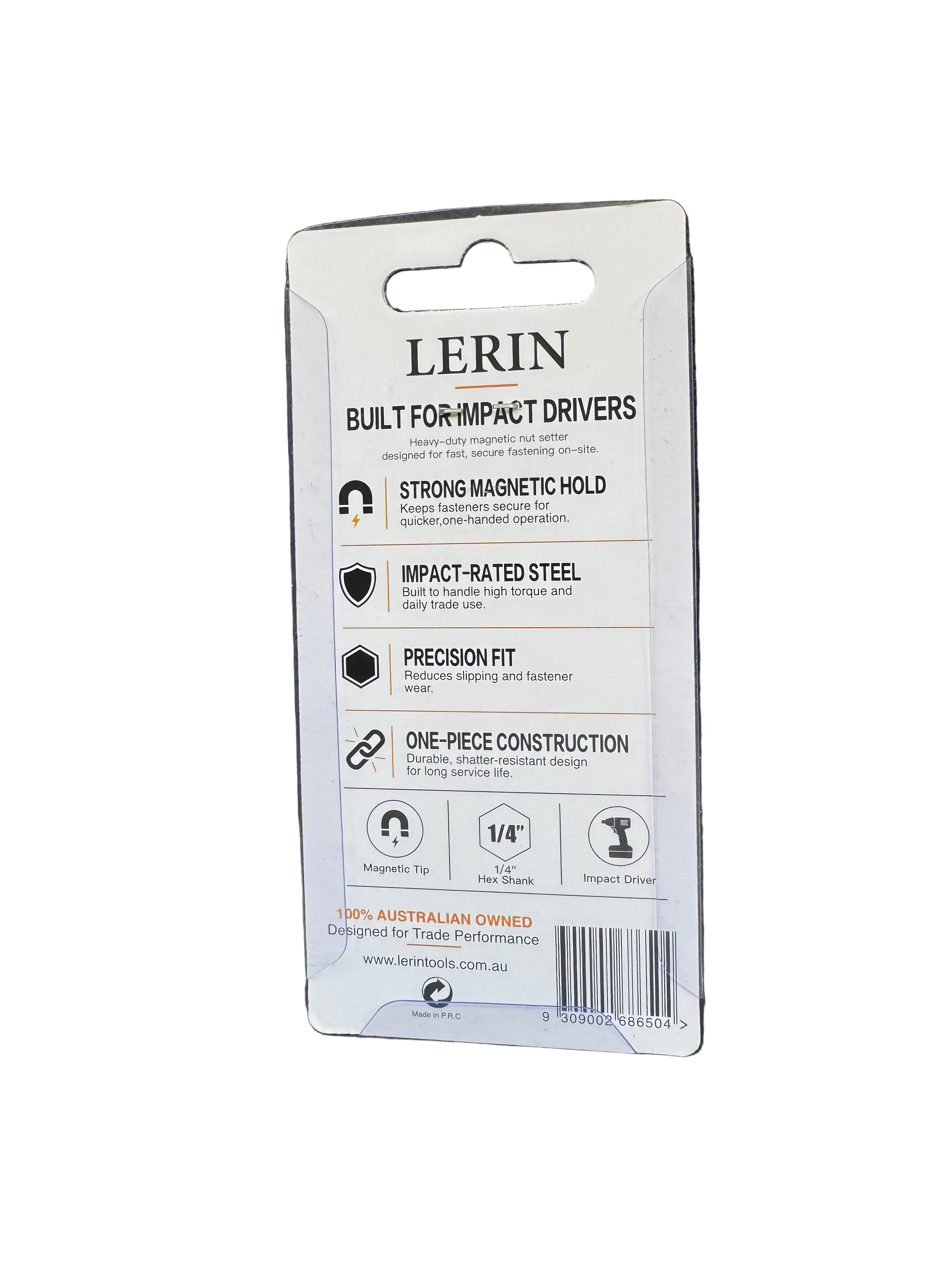 The back of a LERIN magnetic shoe insert card, showing product specifications and features, photographed on a black textured surface.