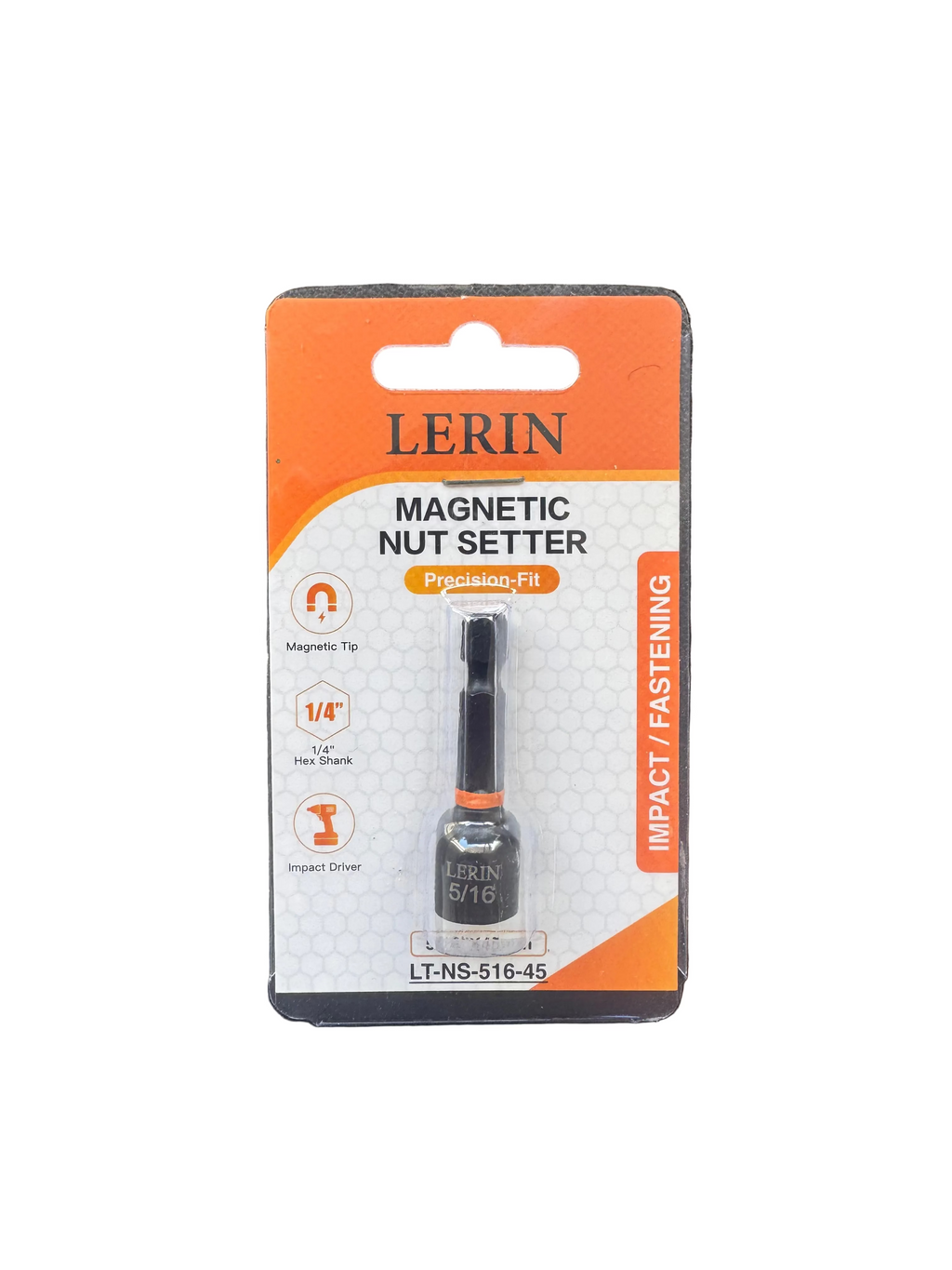 A Lerin Magnetic Nut Setter driver bit in its original retail blister packaging, displayed against a dark textured background.