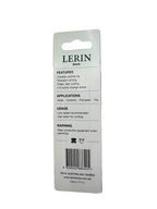 A white plastic retail hang card for a LERIN 8mm diamond cutting tip, showing product specifications, features, applications, usage, and a barcode on a light gray surface.