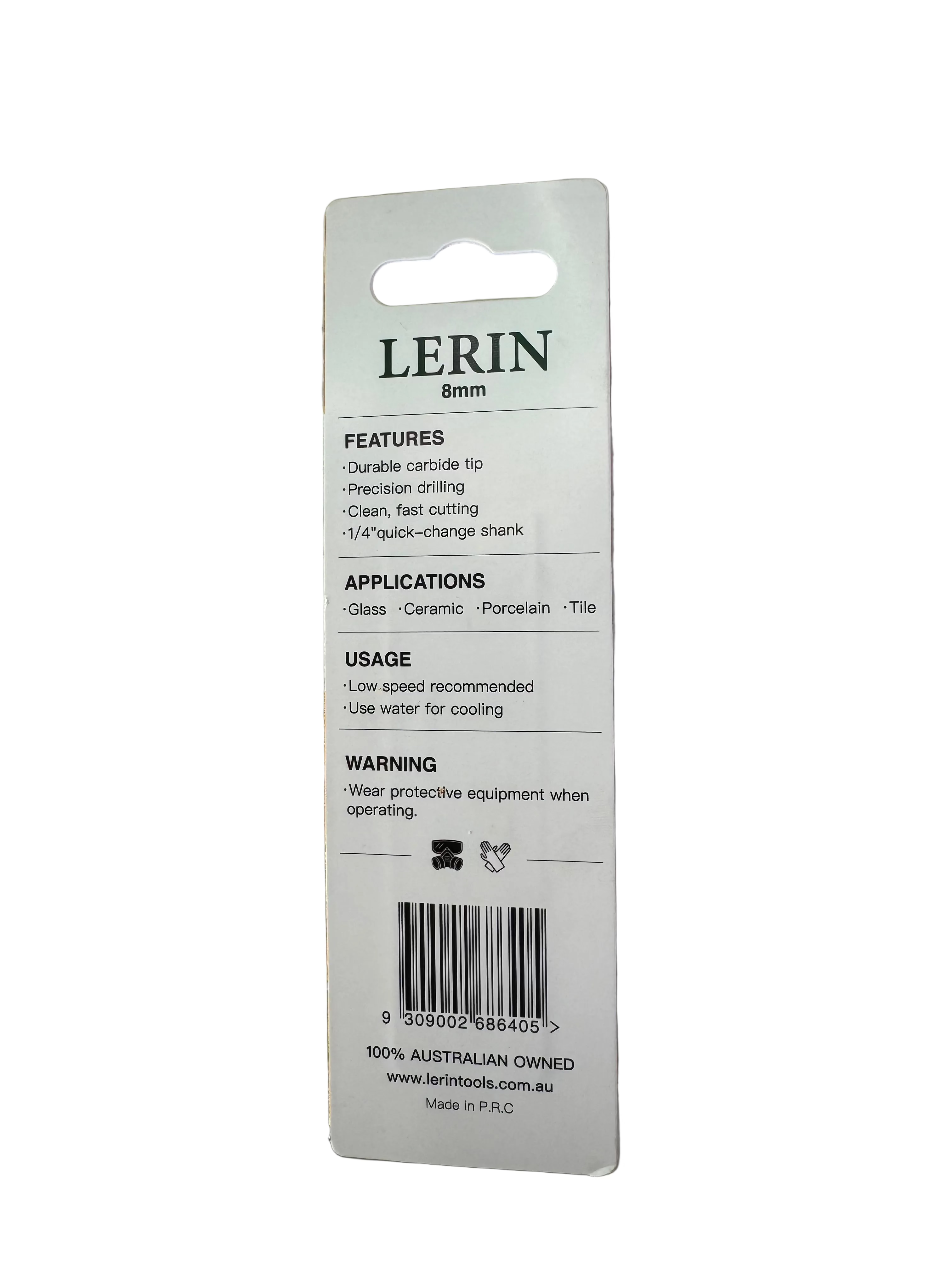 A white plastic retail hang card for a LERIN 8mm diamond cutting tip, showing product specifications, features, applications, usage, and a barcode on a light gray surface.
