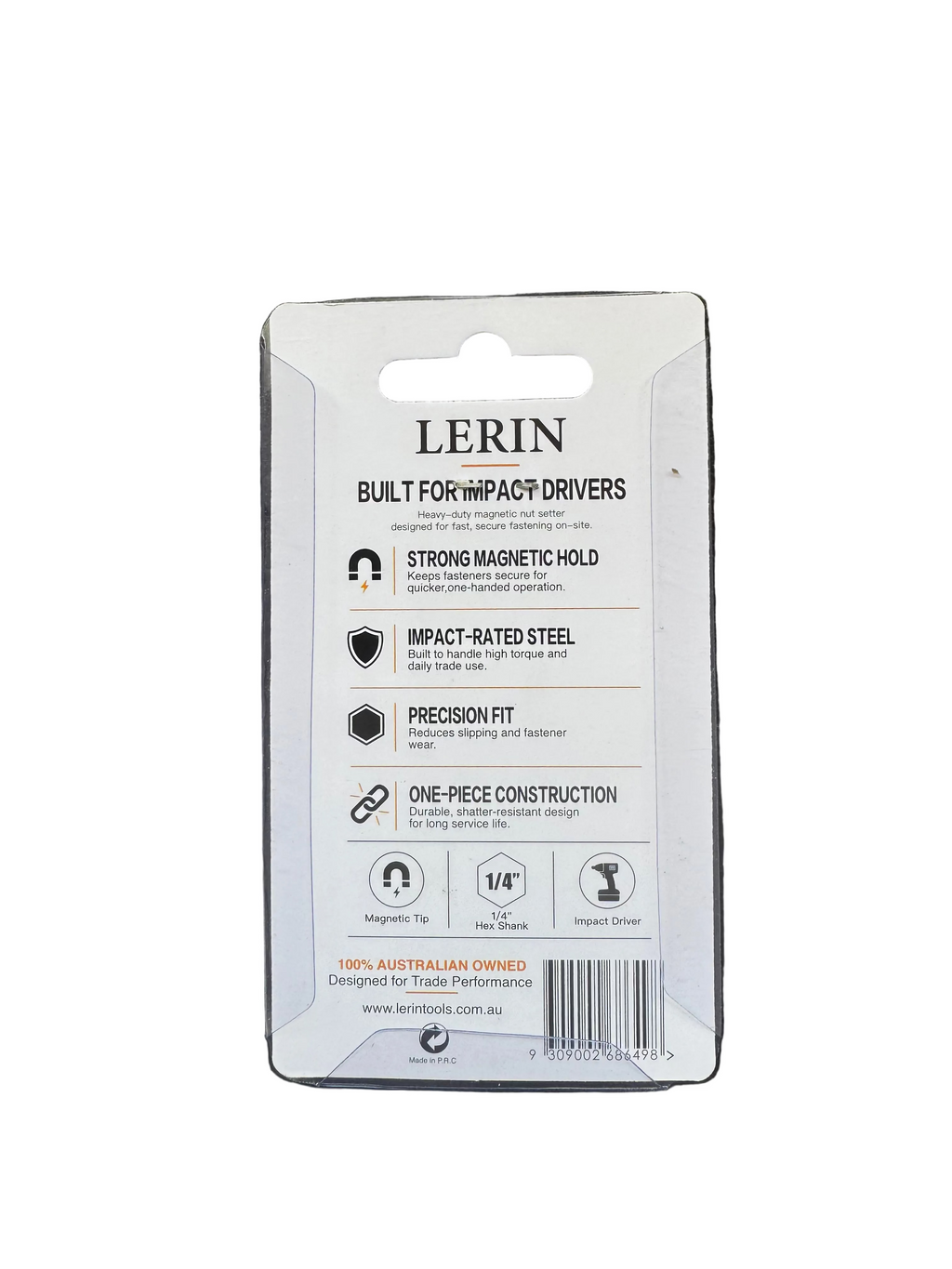 Lerin brand retail packaging card for impact drivers, photographed against a dark textured background. The white backing card features black text detailing product features like strong magnetic hold, impact-rated steel, precision fit, and one-piece construction.