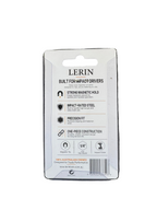 Lerin brand retail packaging card for impact drivers, photographed against a dark textured background. The white backing card features black text detailing product features like strong magnetic hold, impact-rated steel, precision fit, and one-piece construction.