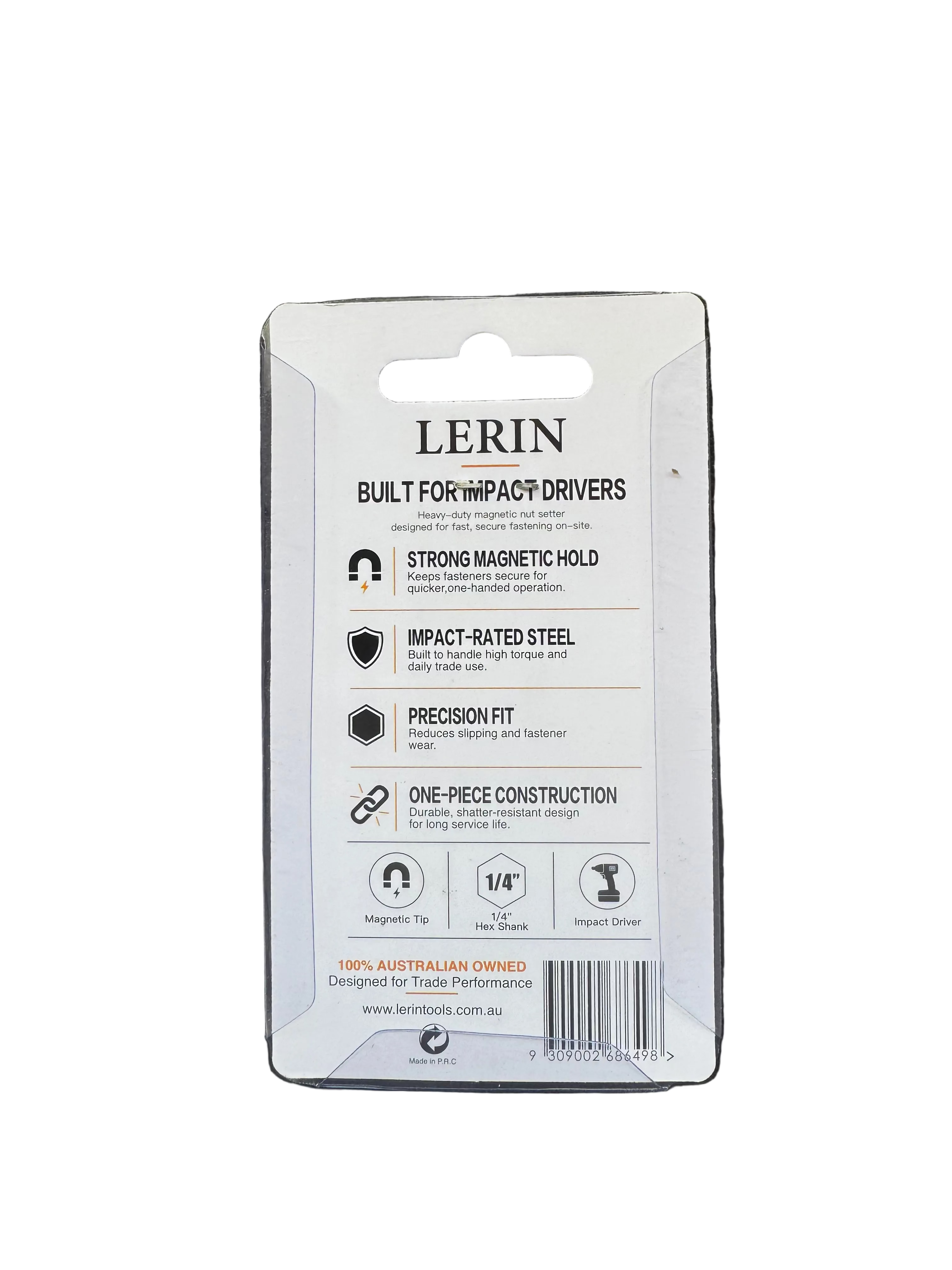Lerin brand retail packaging card for impact drivers, photographed against a dark textured background. The white backing card features black text detailing product features like strong magnetic hold, impact-rated steel, precision fit, and one-piece construction.